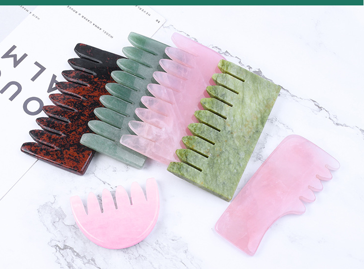 Natural Jade Massager Comb & Rose Quartz Gua Sha Set
