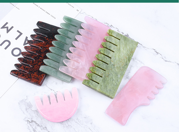 Natural Jade Massager Comb & Rose Quartz Gua Sha Set