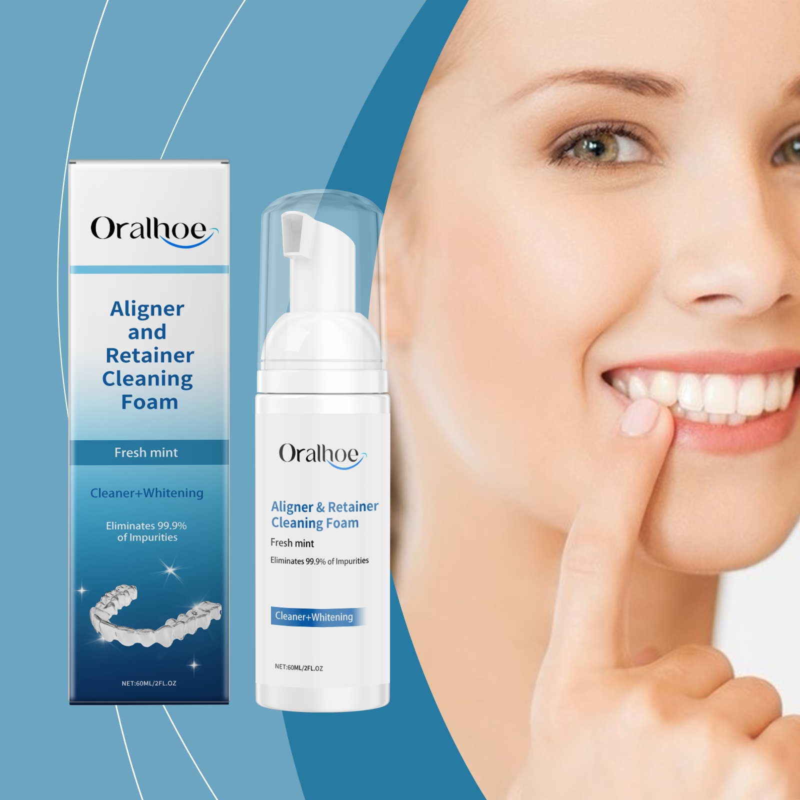 Young woman with bright confident smile touching her face, flanked by product and packaging on blue gradient background