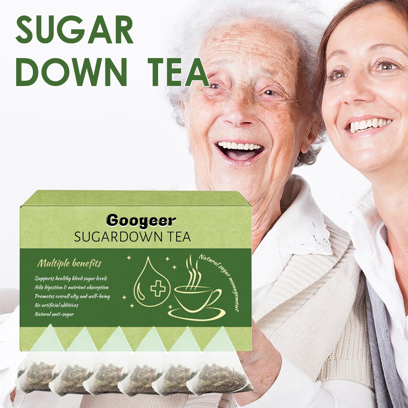 Happy older woman and younger woman smiling together holding Sugardown Tea box