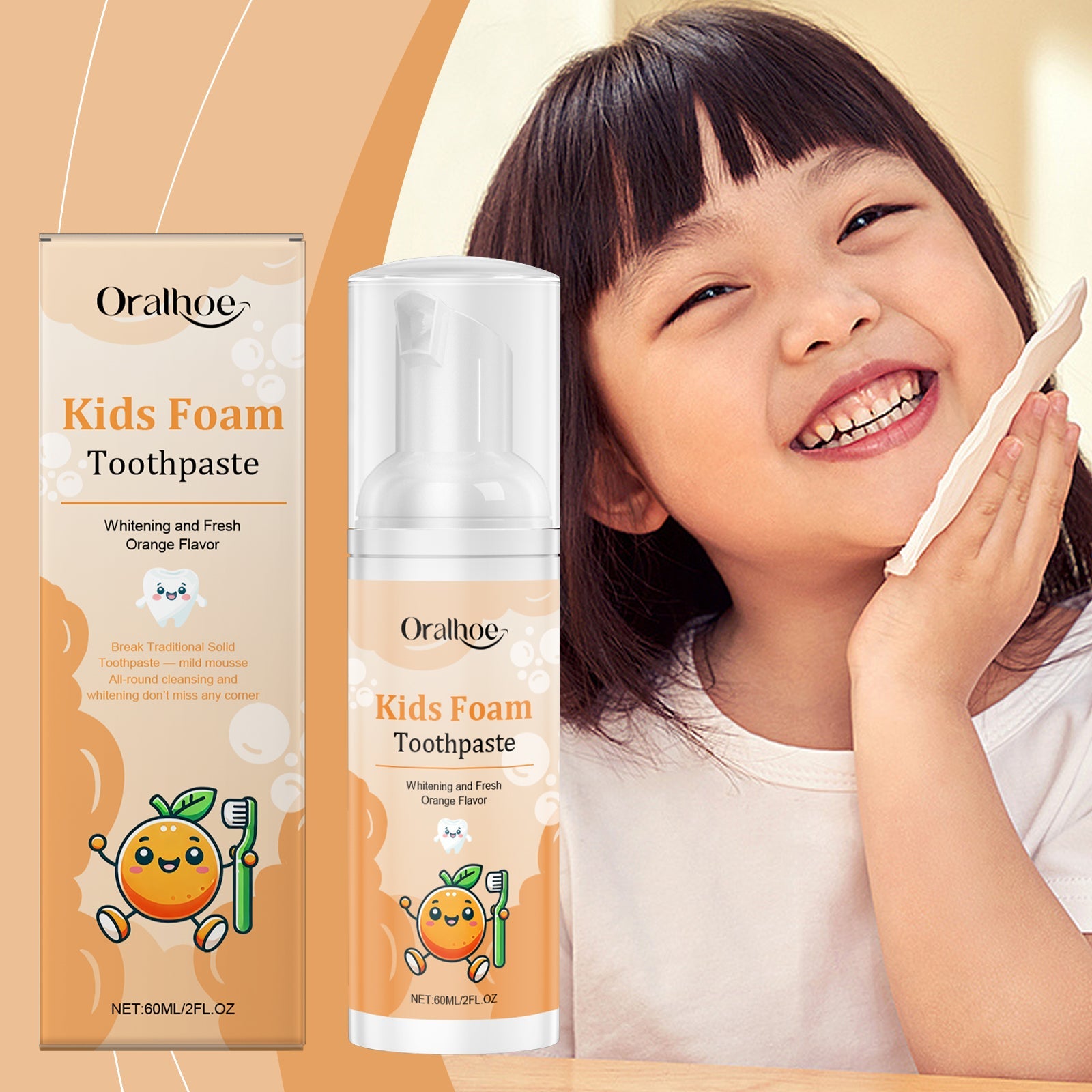 Happy child with bright smile using the foam toothpaste, displaying healthy white teeth and joyful expression