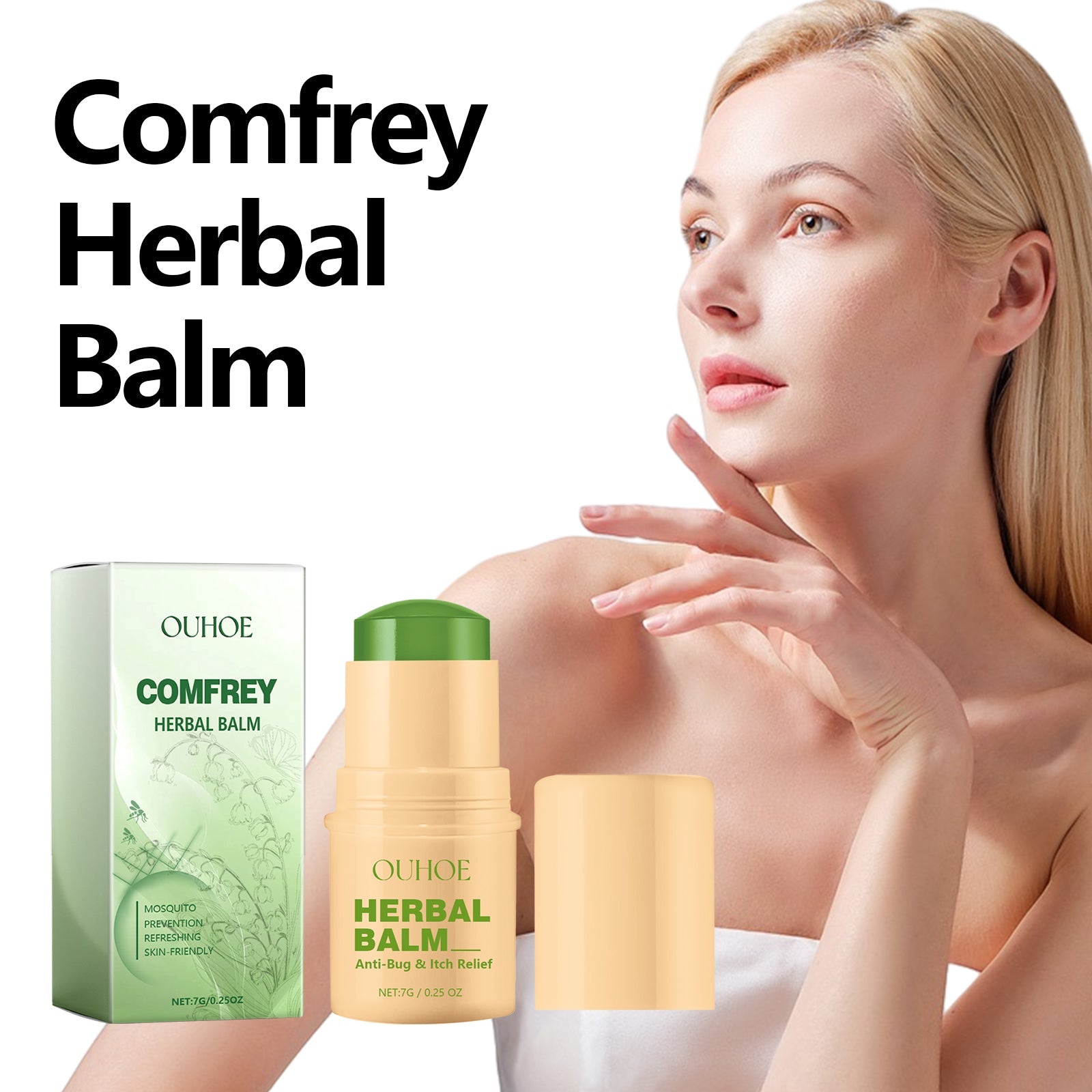 Young woman applying balm to neck and facial area with visible calm, satisfied expression