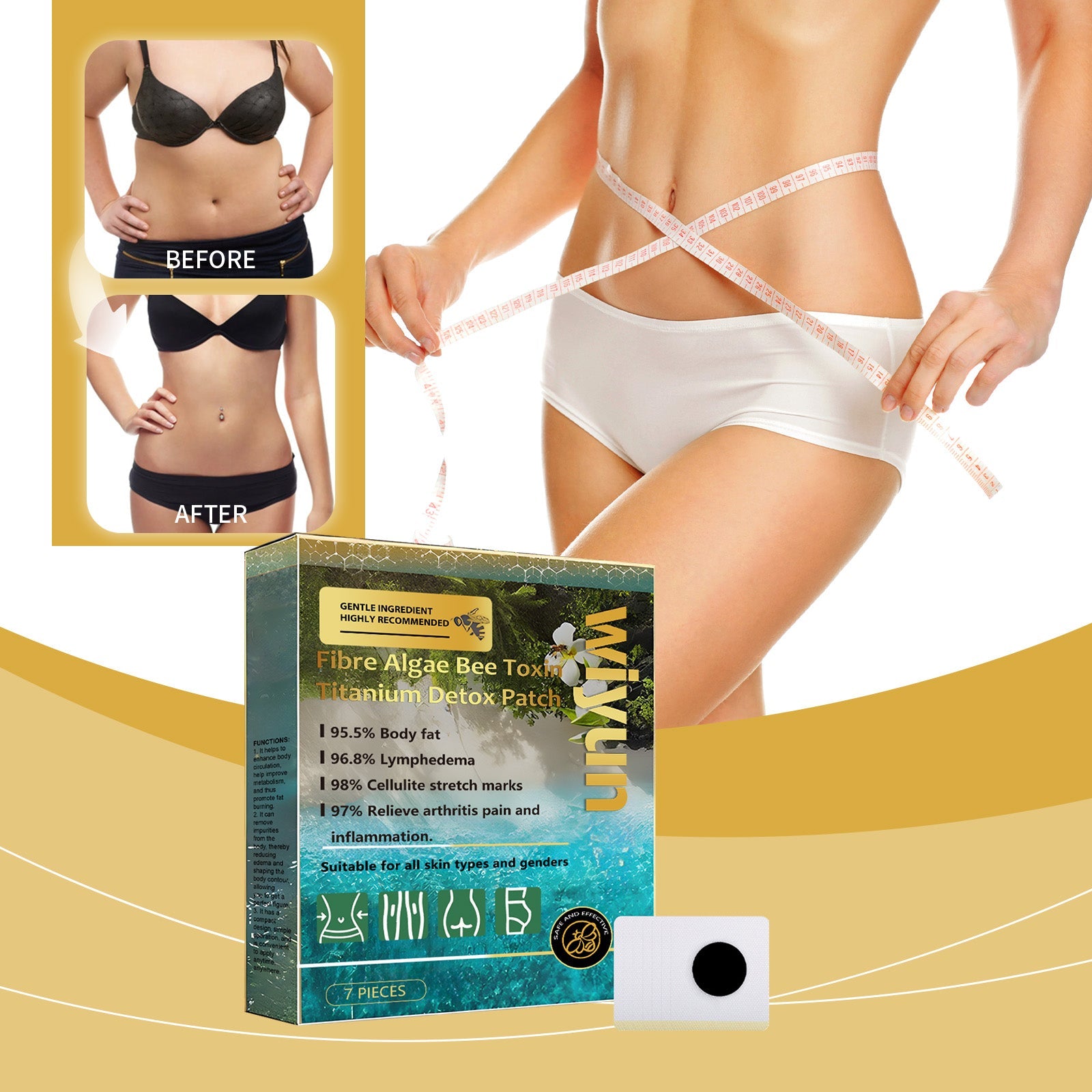 Woman wearing white crop top and white high-waisted bottoms with patch applied on lower abdomen, surrounded by natural ingredients (celery, ginger); text cards 'Accelerate Metabolism' and 'Convenient to Use'