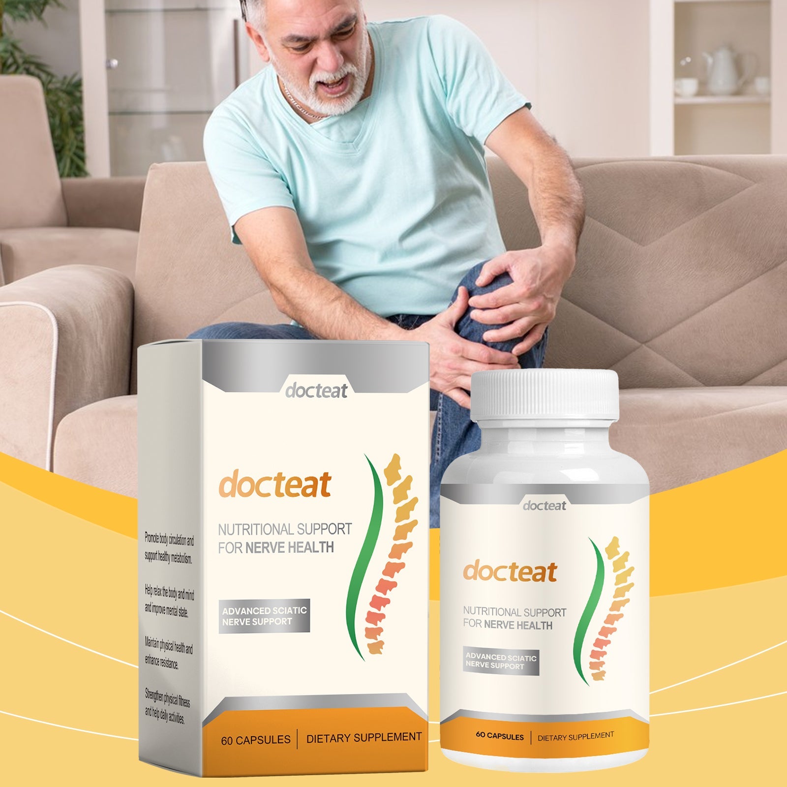 Middle-aged man in light blue shirt sitting on beige couch, holding his leg/knee in discomfort, with product packaging displayed in foreground