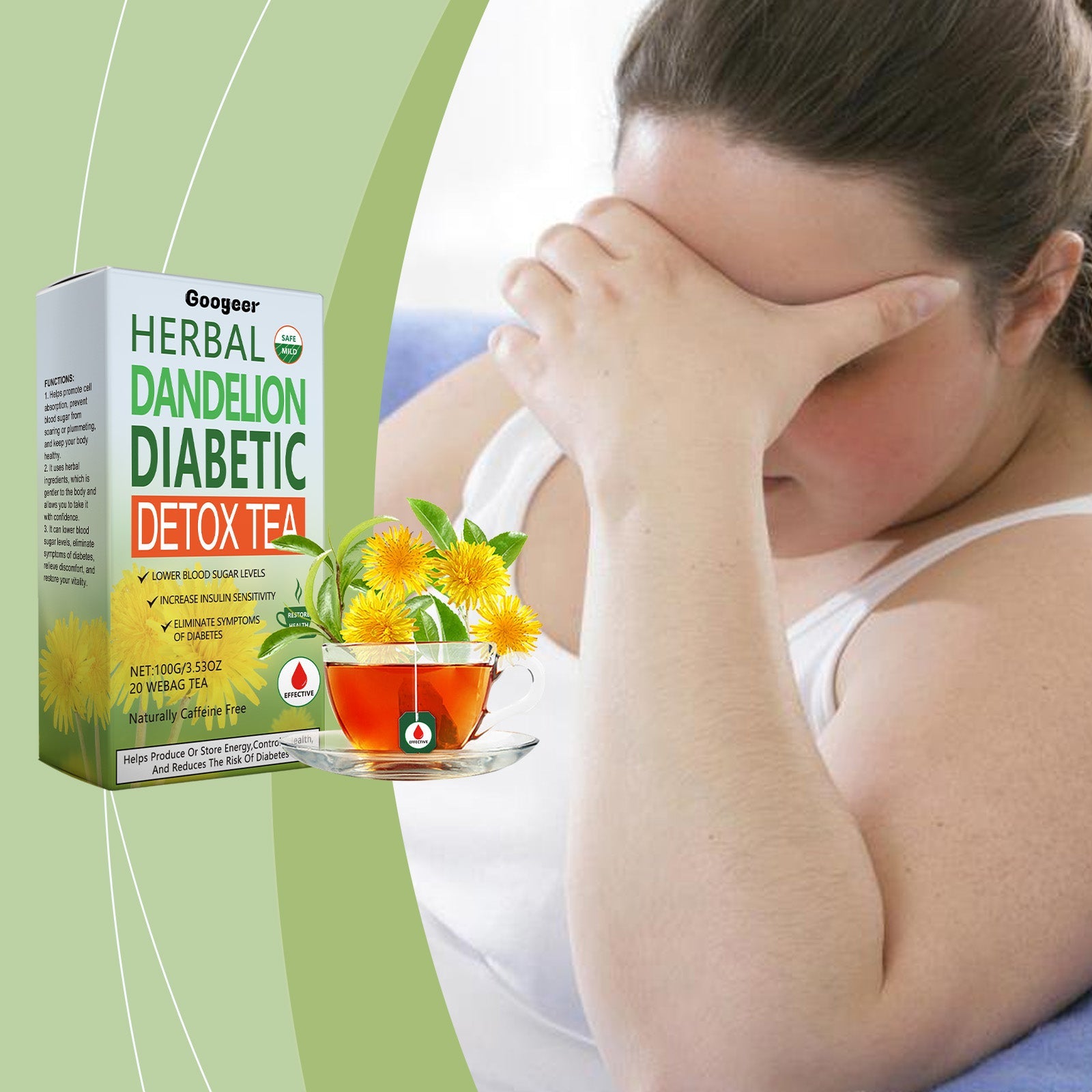 Woman experiencing neck/shoulder relief with product packaging visible against green gradient background