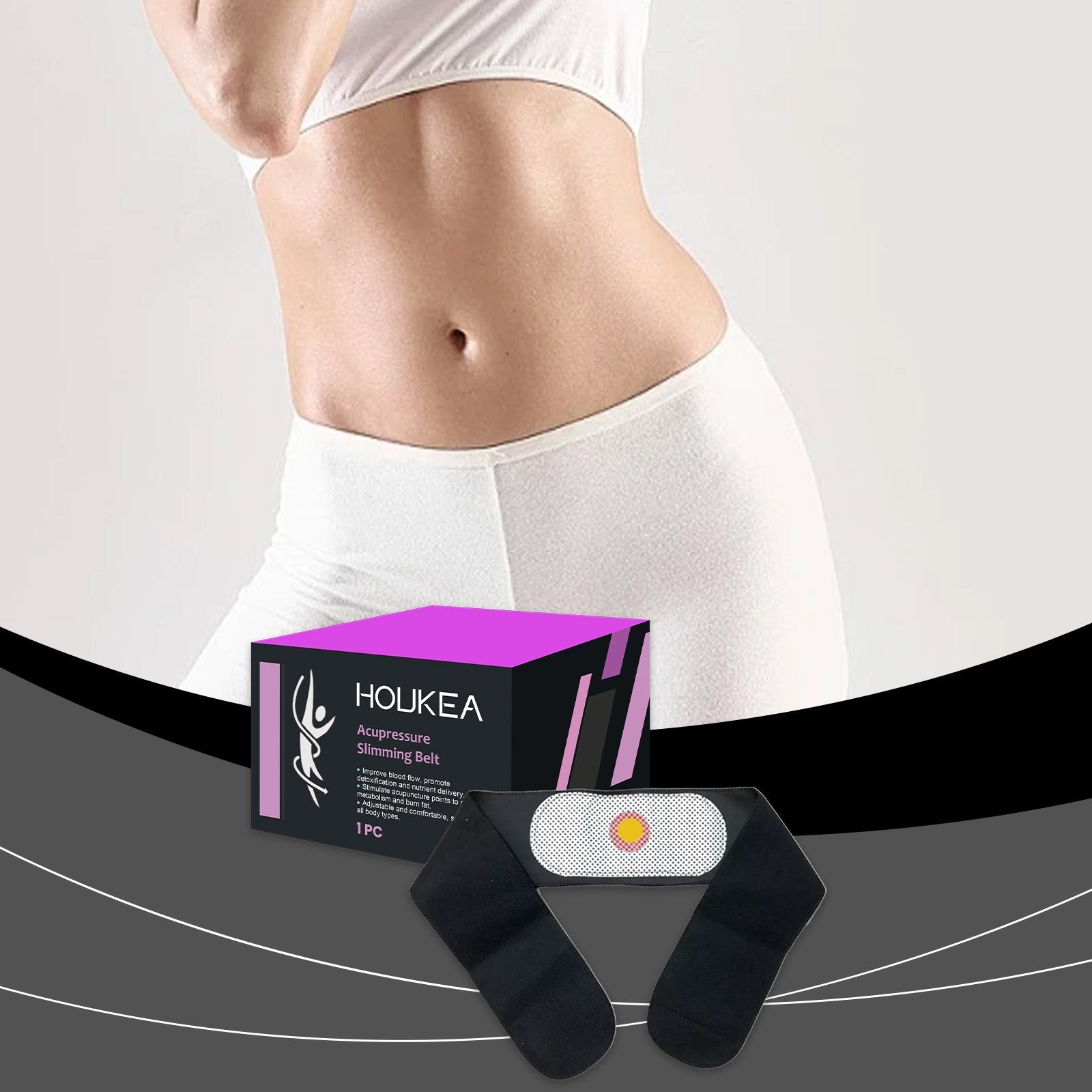 Woman wearing white undergarment with HOUKEA belt positioned at waistline, product packaging visible, neutral background