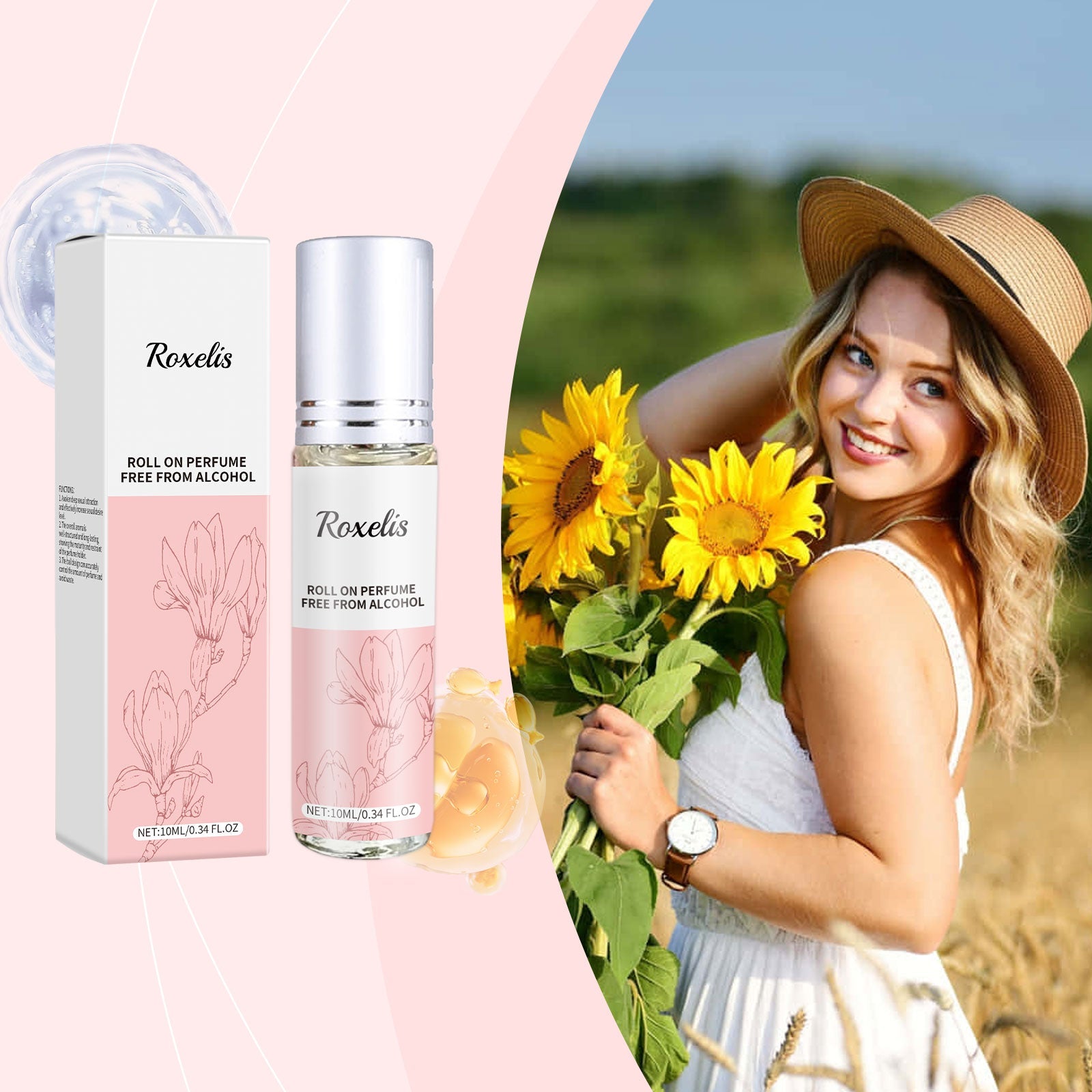 Young woman in white dress with straw hat holding sunflowers in field, wearing the perfume; also shows product on pink background with flowers