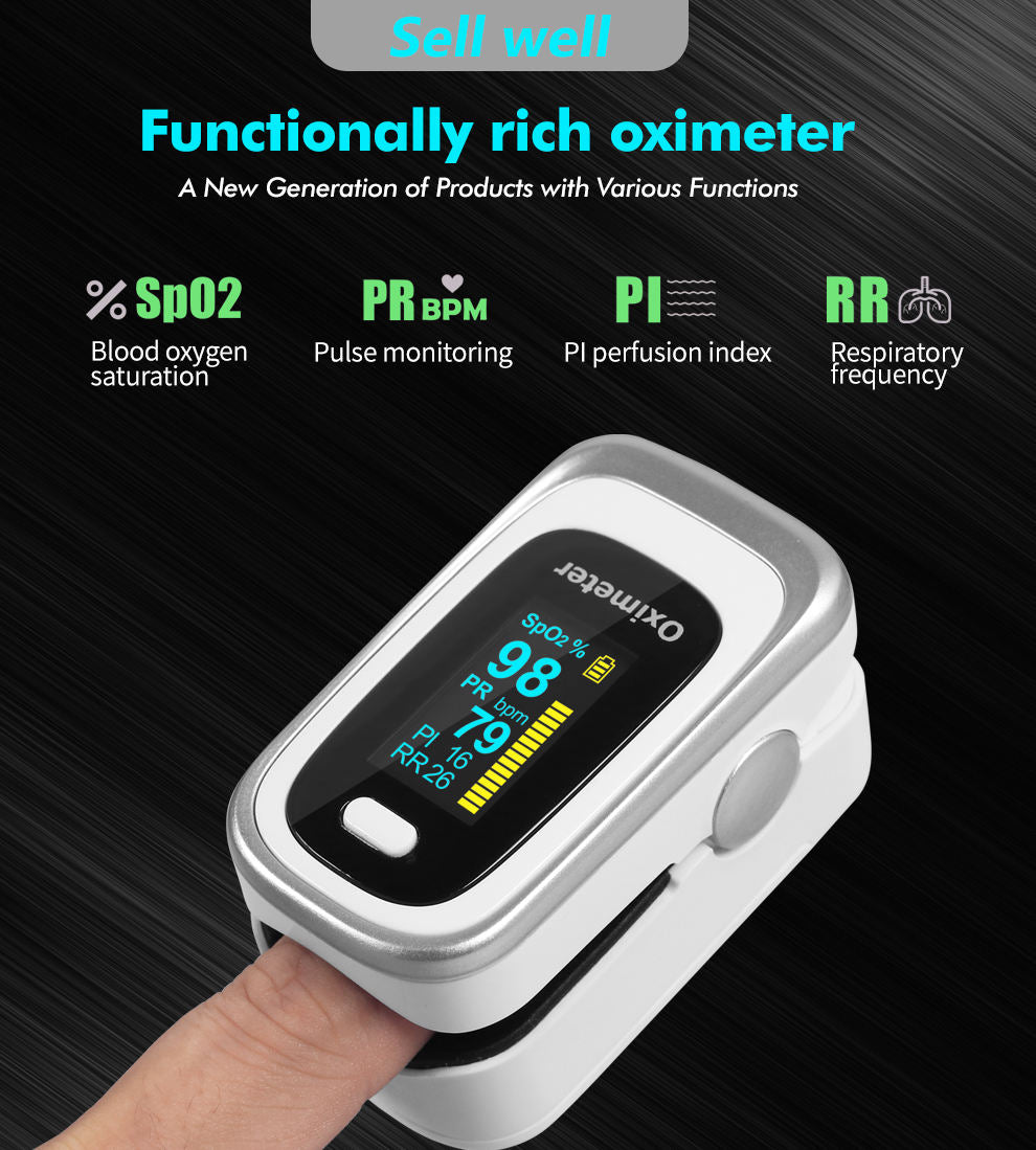 Device in hand with four key measurement icons and functional features listed