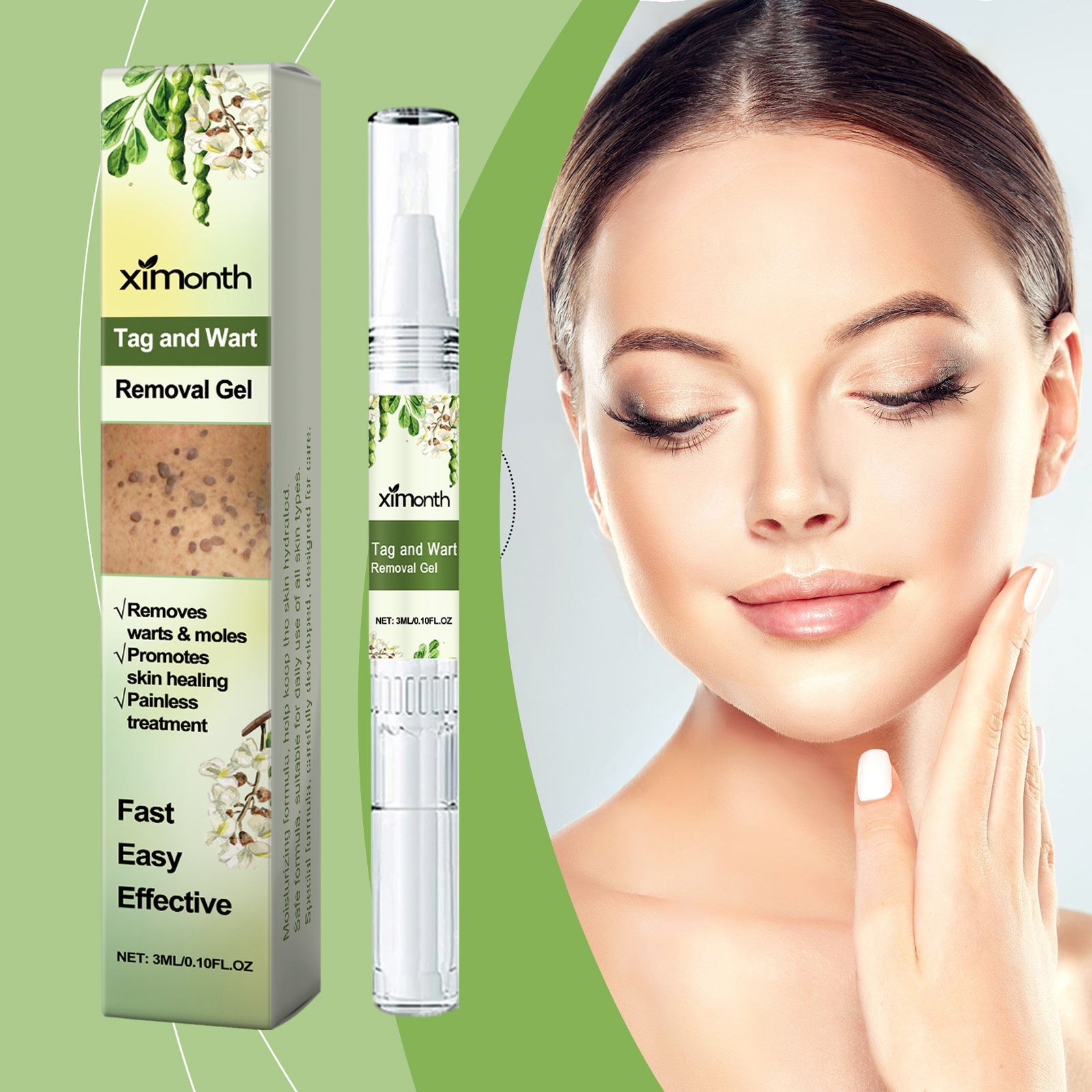 Woman applying gel to neck area with product and packaging on soft green gradient background