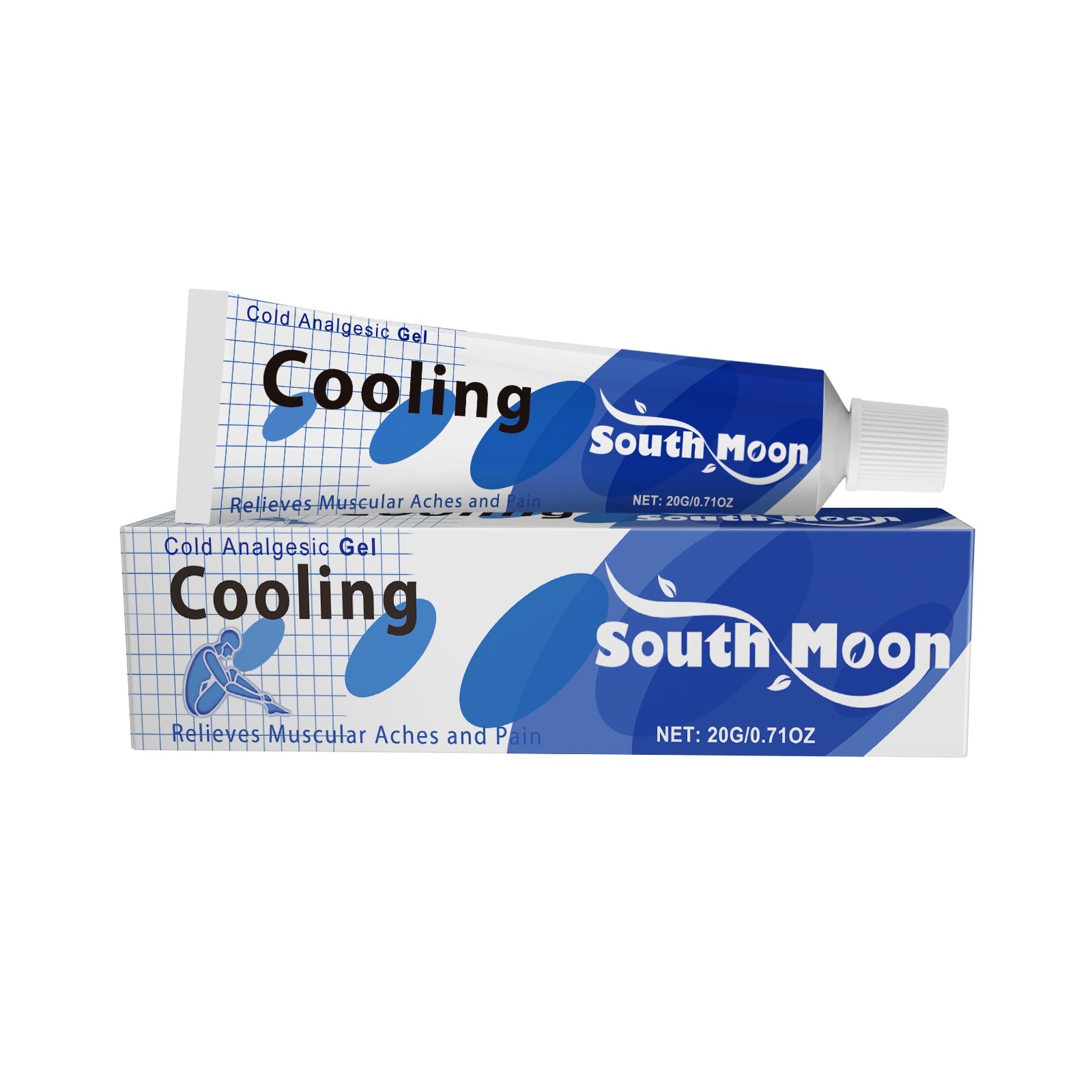 Mature woman in yoga pose with South Moon product visible, displaying four key benefit claims: Increase resilience, Reduce discomfort, relief the pain, Reduce swelling with mint leaf imagery