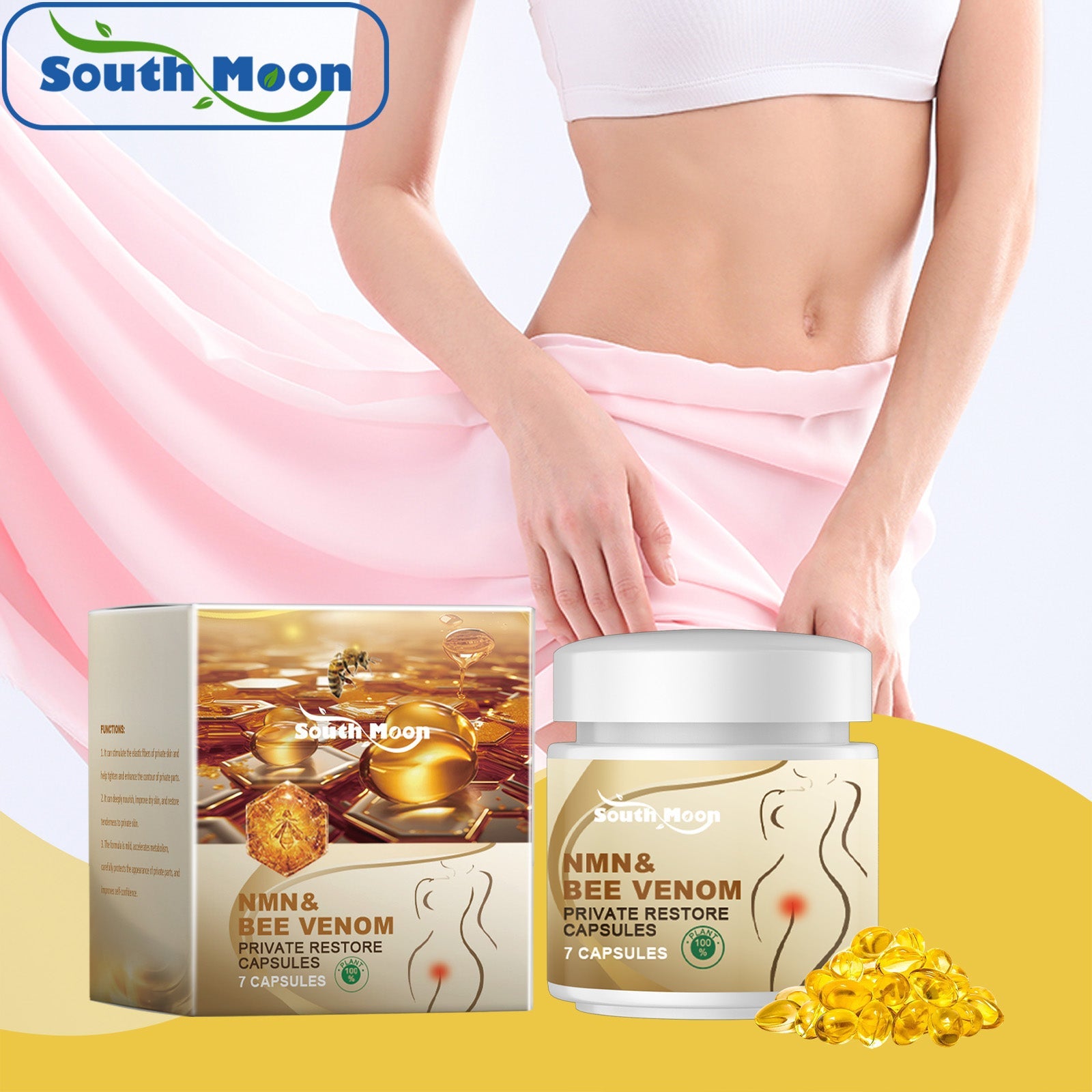 Woman in white crop top and pink skirt holding jar with South Moon logo, positioned against pink and yellow gradient background
