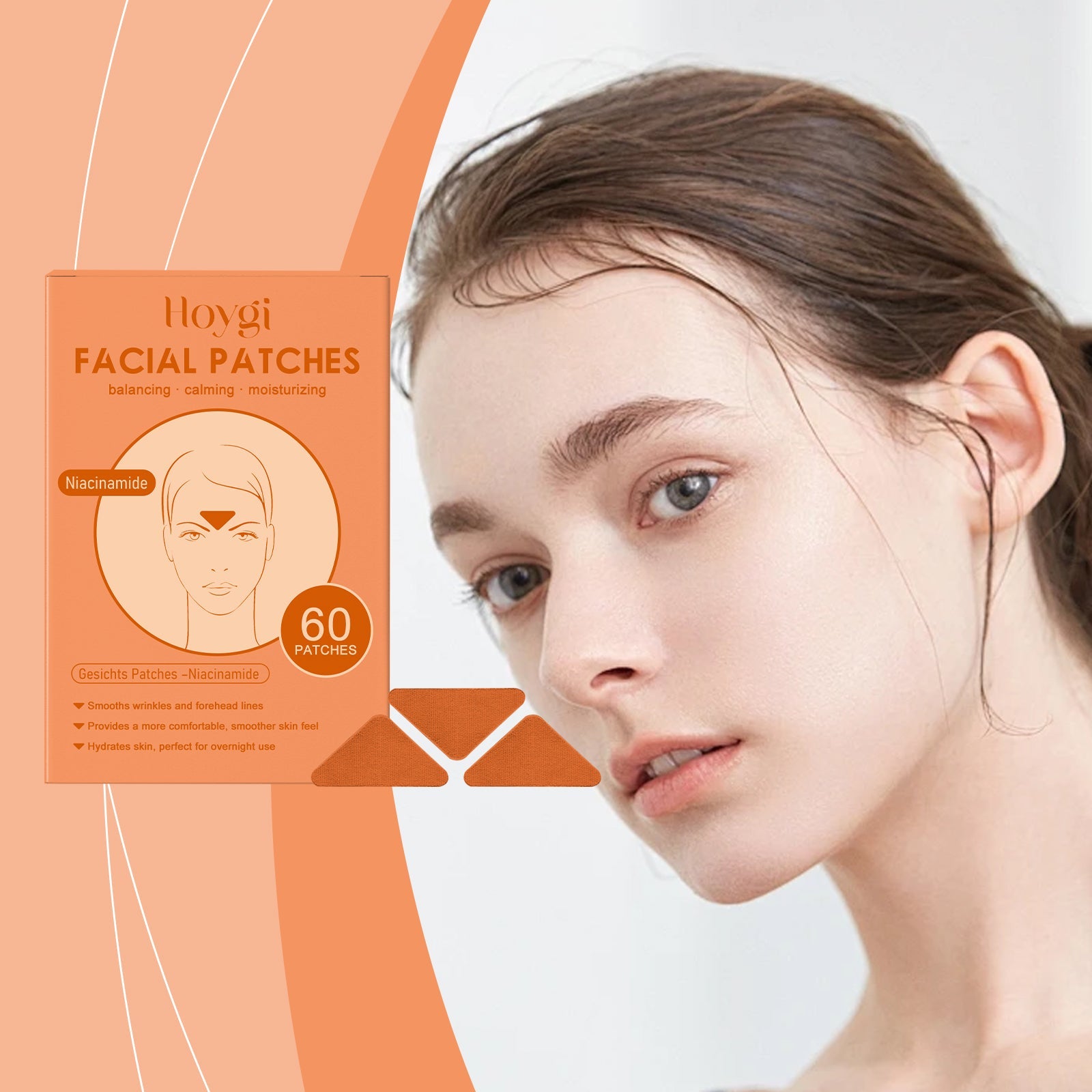 Woman applying patch to forehead during skincare routine