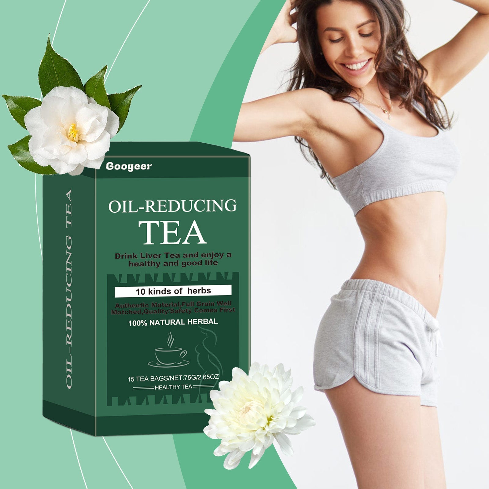 Woman in white crop top and shorts posed against teal background with tea box and white flowers; confident, fit posture