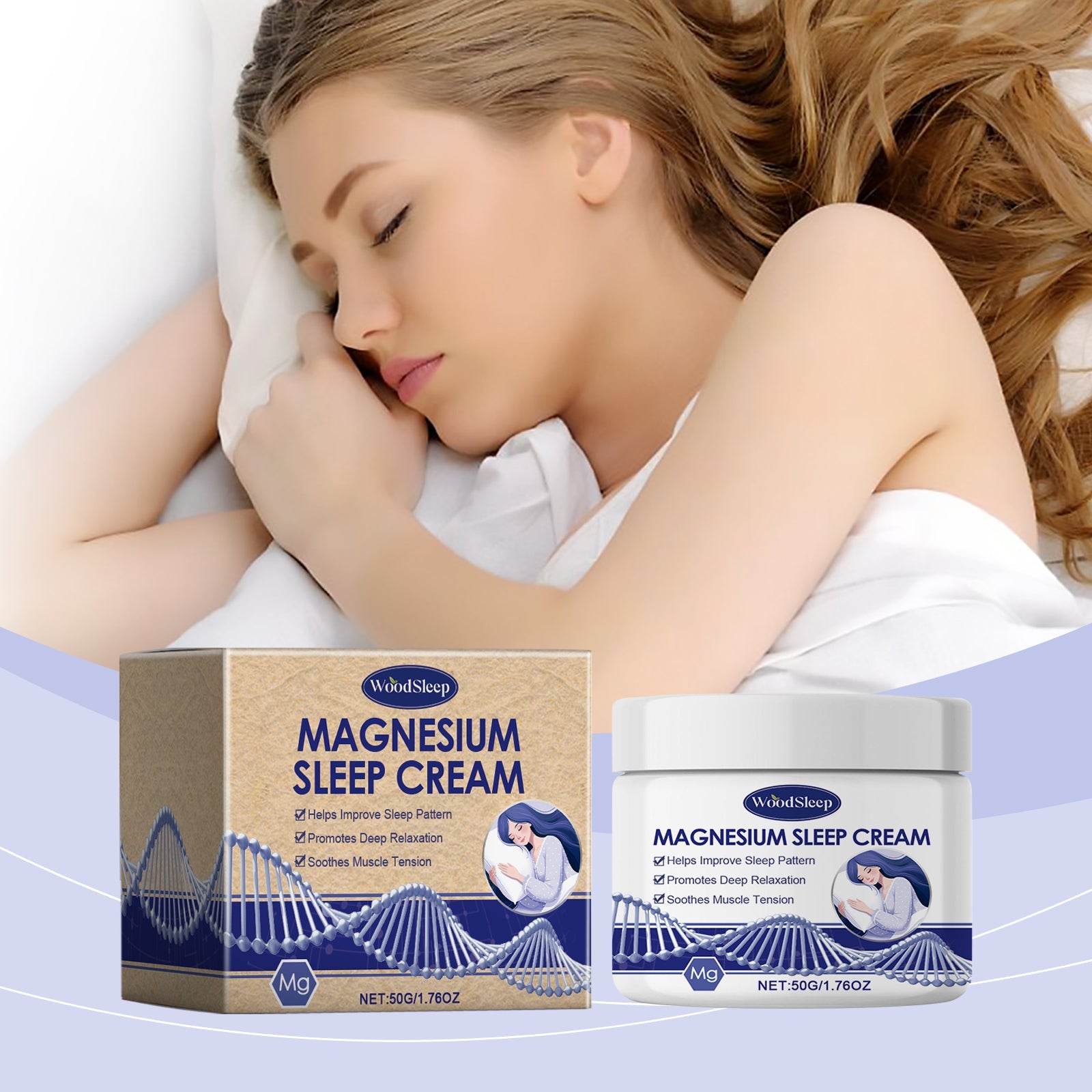 Woman peacefully sleeping in bed demonstrating product usage scenario with packaging displayed