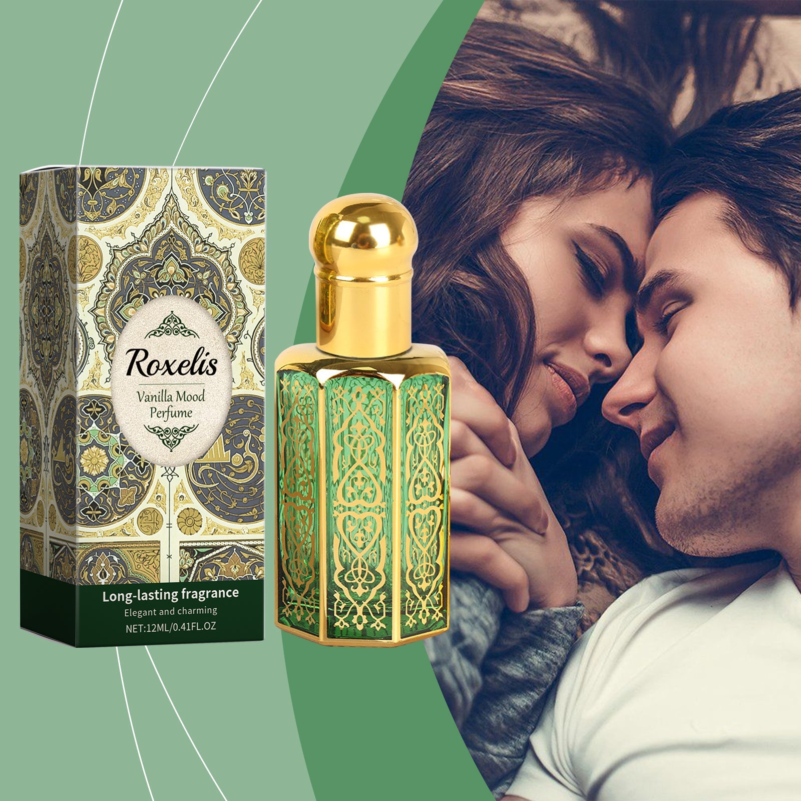 Intimate couple with fragrance bottle against soft green background