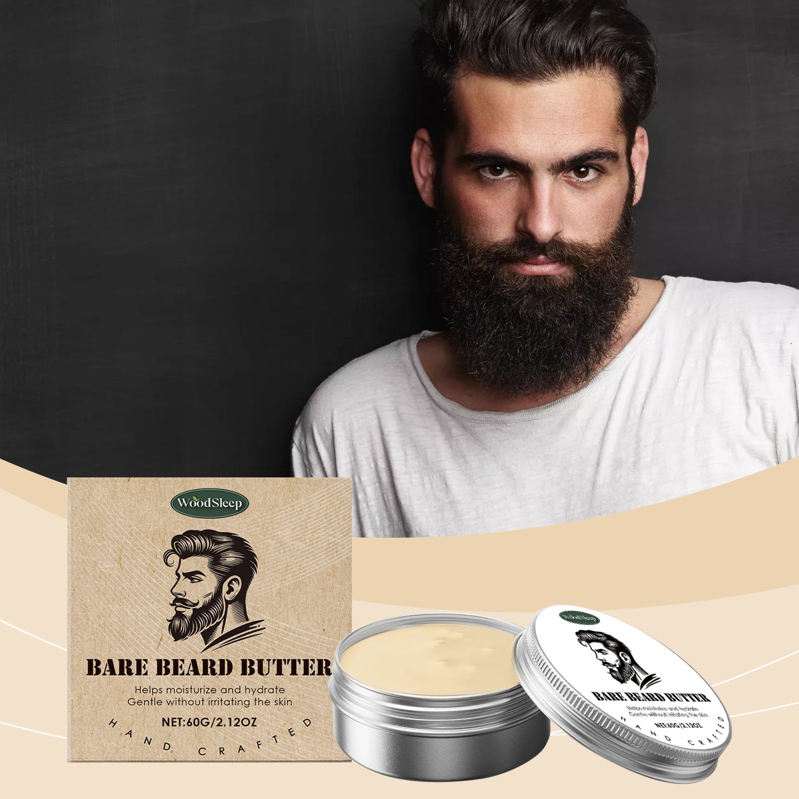 Confident man with full, dark beard wearing white t-shirt, product and packaging displayed alongside