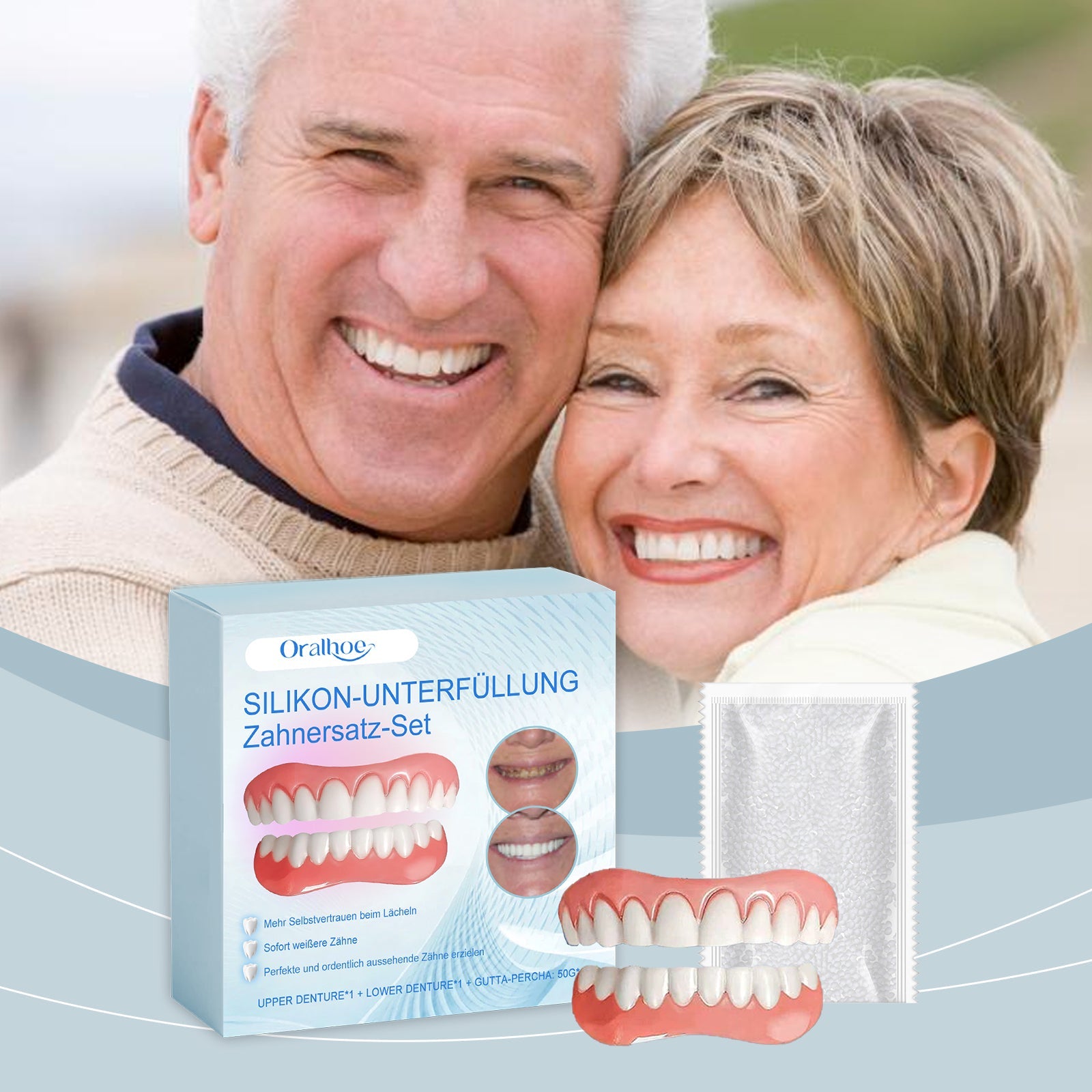 Happy senior couple smiling warmly with denture product packaging beside them