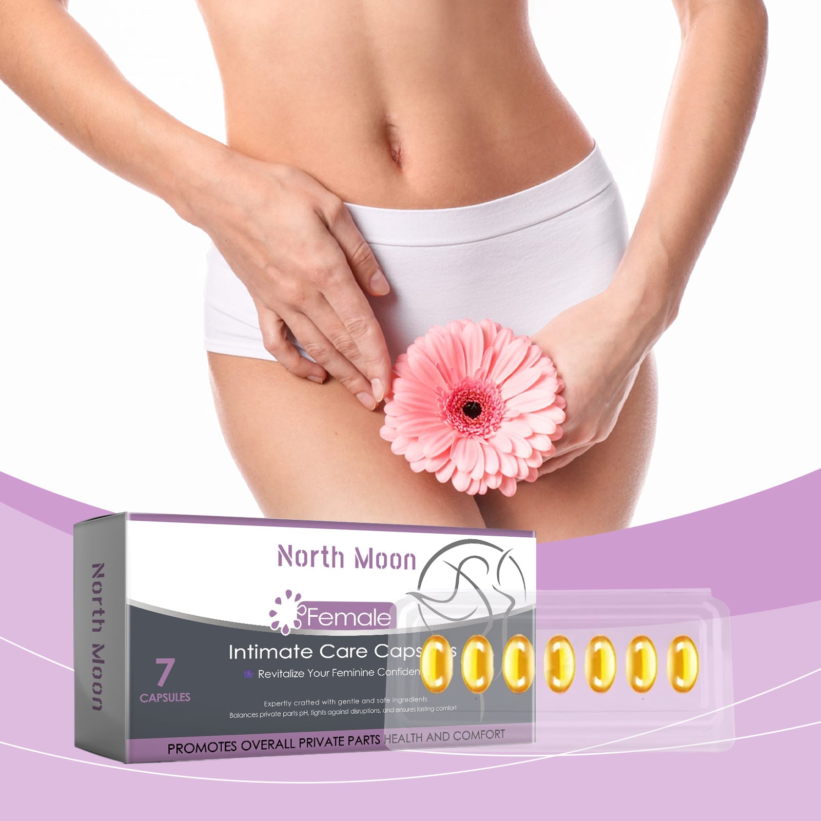 Woman in white underwear holding pink gerbera daisy flower at intimate area with product packaging and purple branding