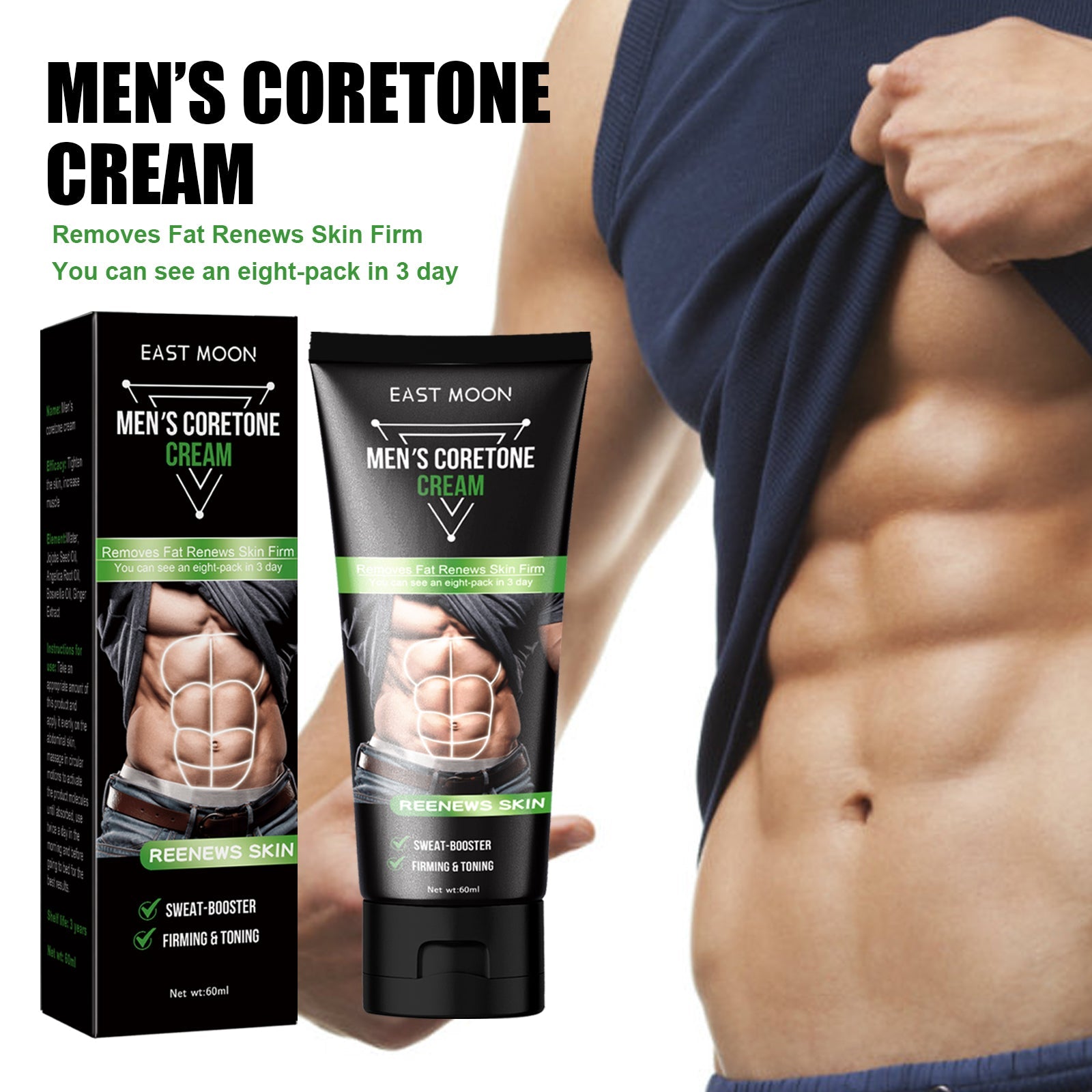 East Moon Men's Coretone Cream box and tube displayed together showing product branding and key claims