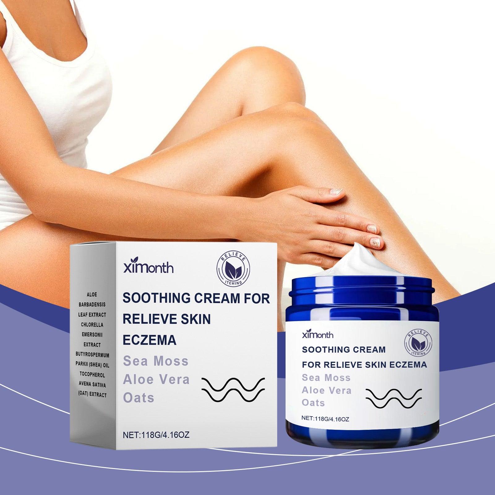 Woman applying cream to leg with visible skin irritation, demonstrating actual usage on eczema-prone area