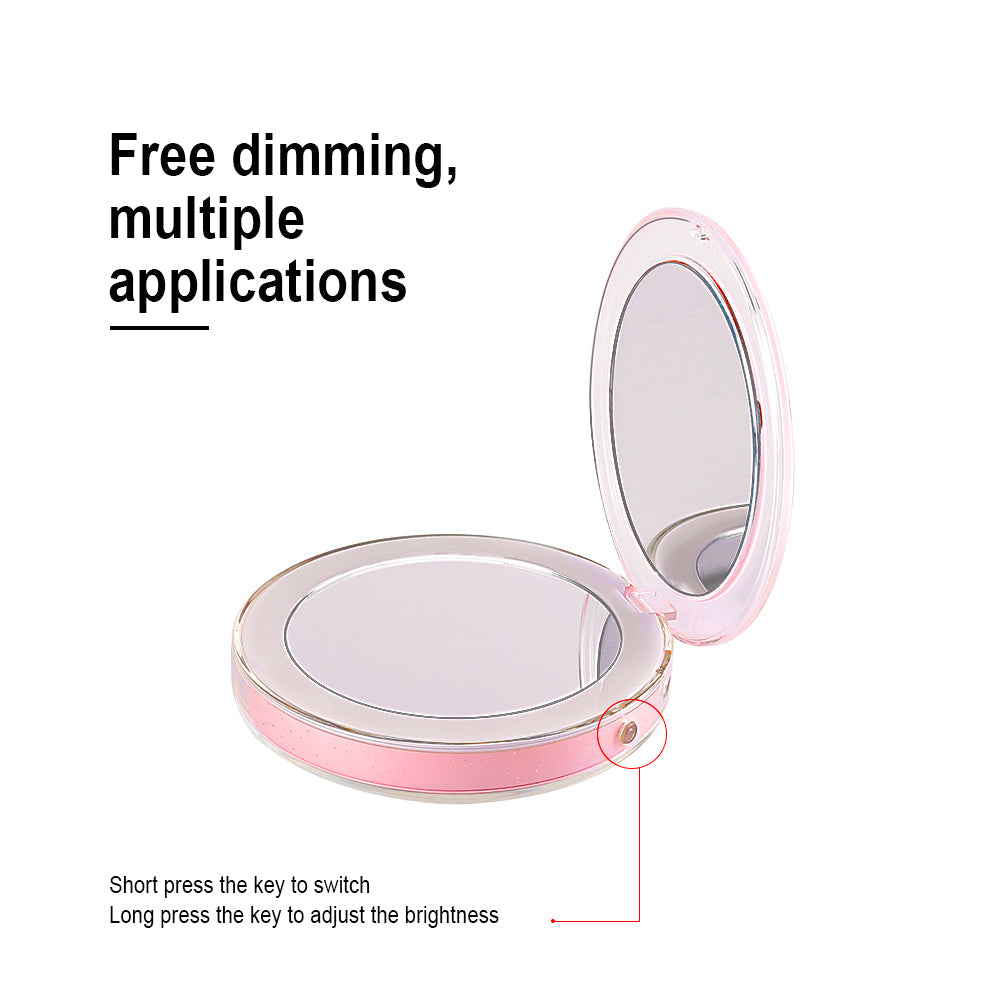 Opened LED mirror from side angle with control button highlighted and feature callout text