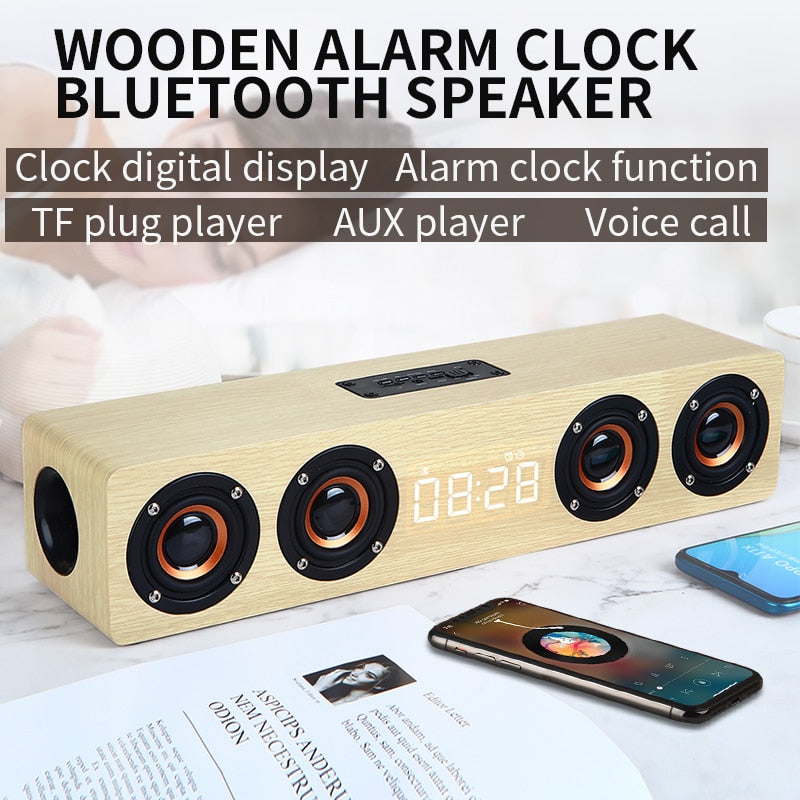 Wooden Bluetooth Speaker with Alarm Clock — Premium Sound