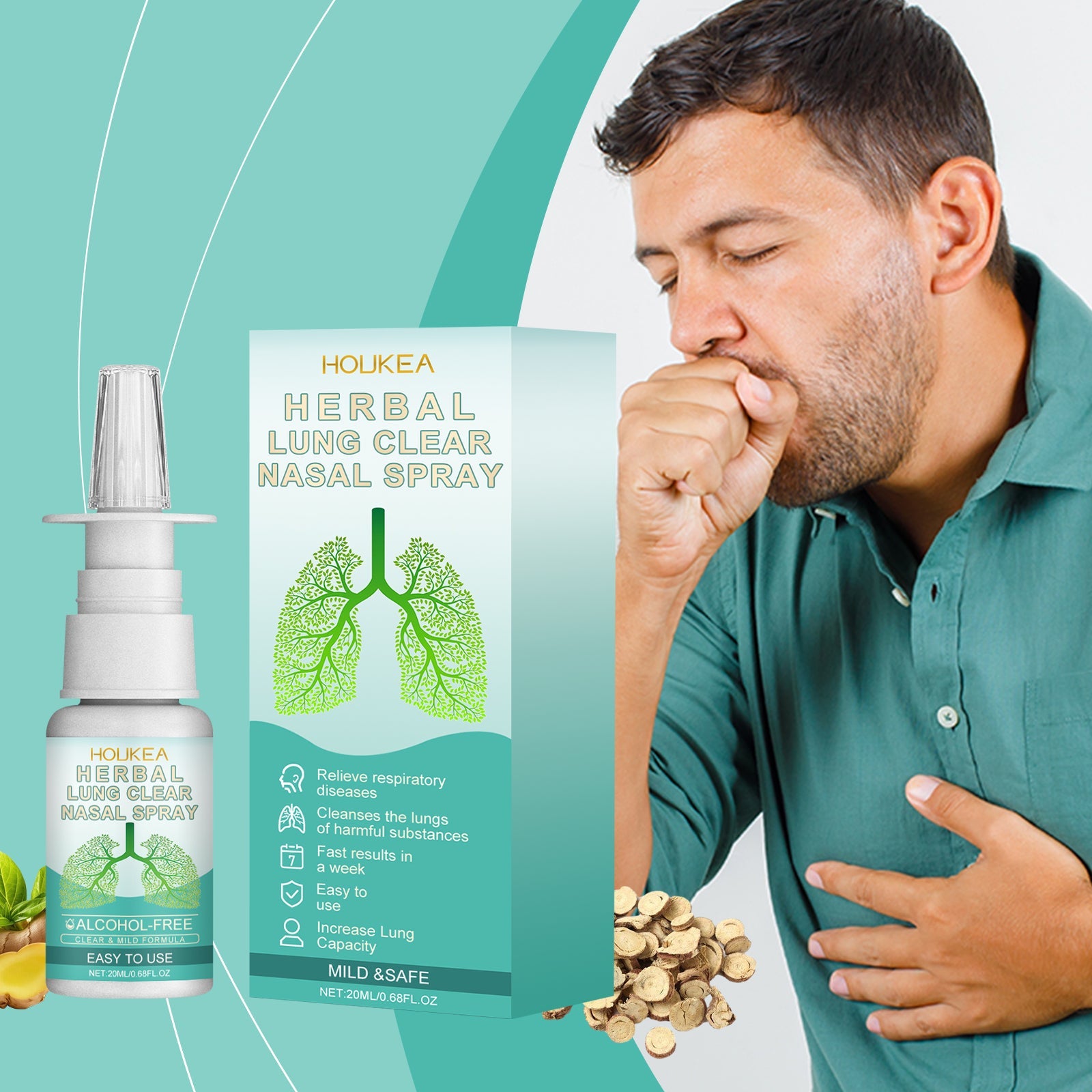 Man coughing with product and herbal ingredients displayed, teal background