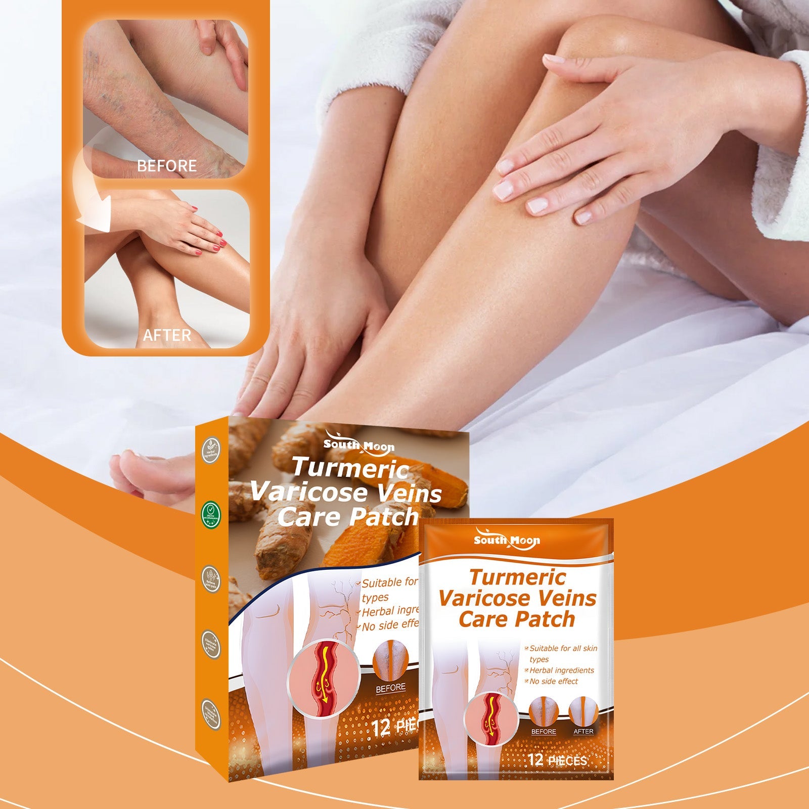 Woman applying patch to leg with before/after inset showing visible vein reduction; model touching treated leg with visible improvement