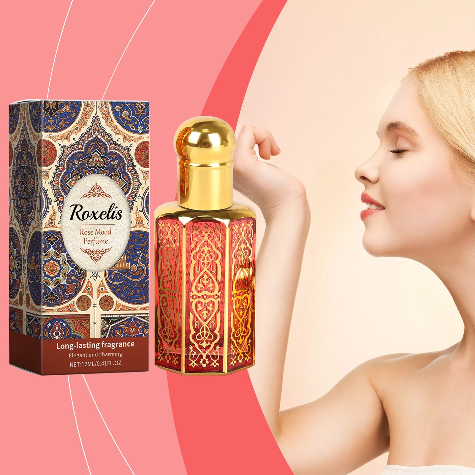 Woman applying perfume with product displayed against pink gradient background