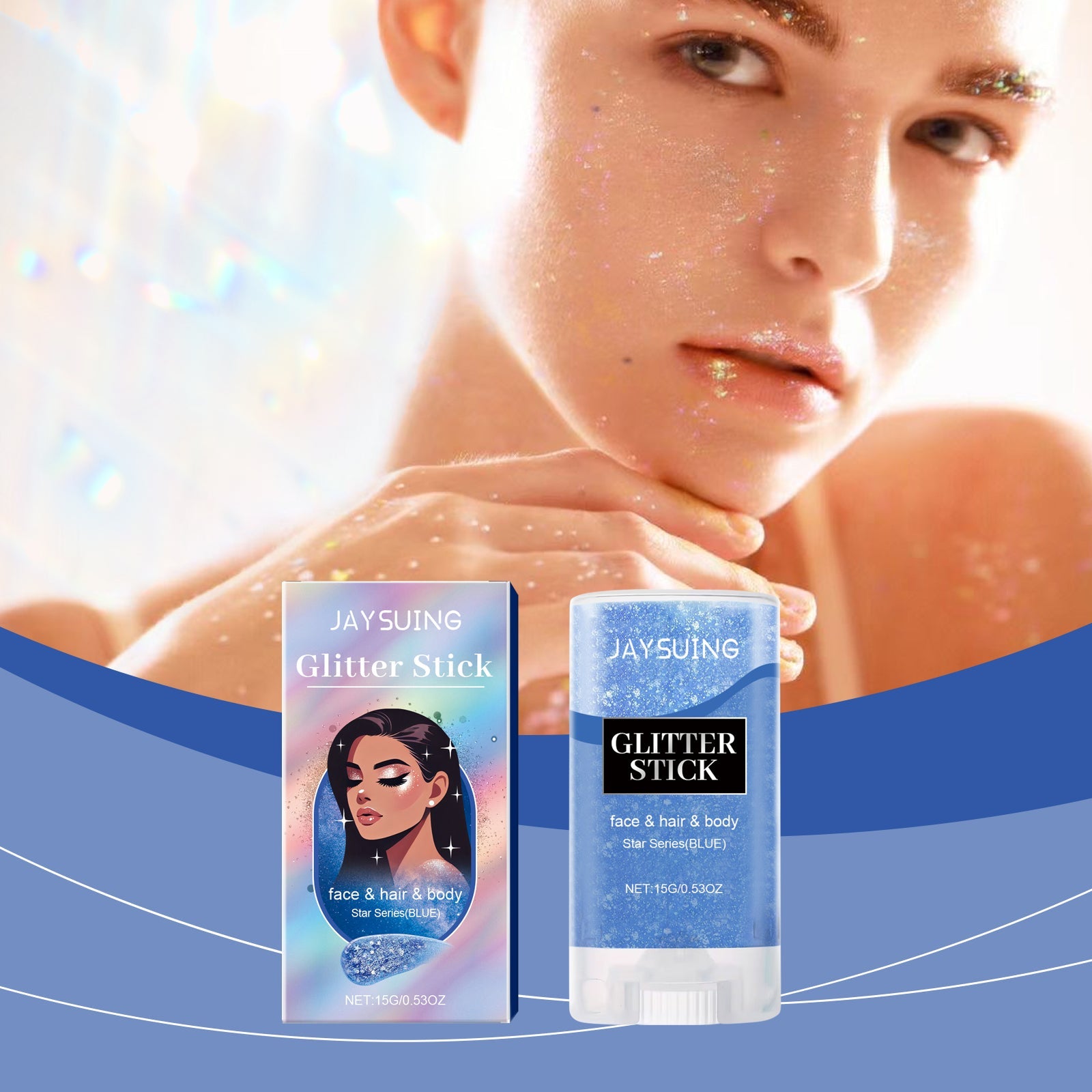 Woman with glowing skin wearing blue glitter on cheekbones and temples, holding both packaging boxes, with blue wave design background