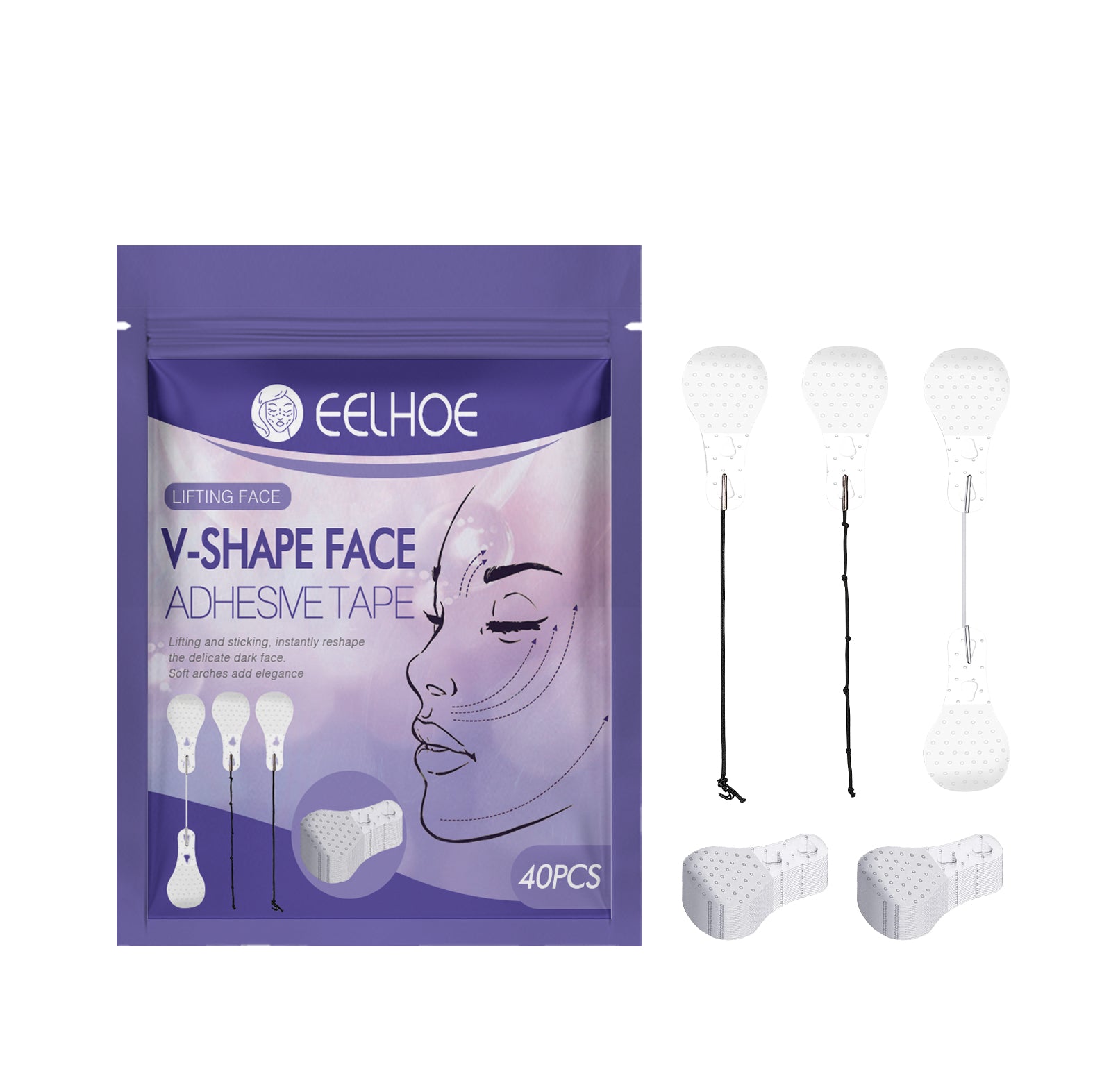 Duplicate packaging shot with all applicators displayed: three teardrop handles, three chin-shaped lifters, two larger cheek/chin panel strips