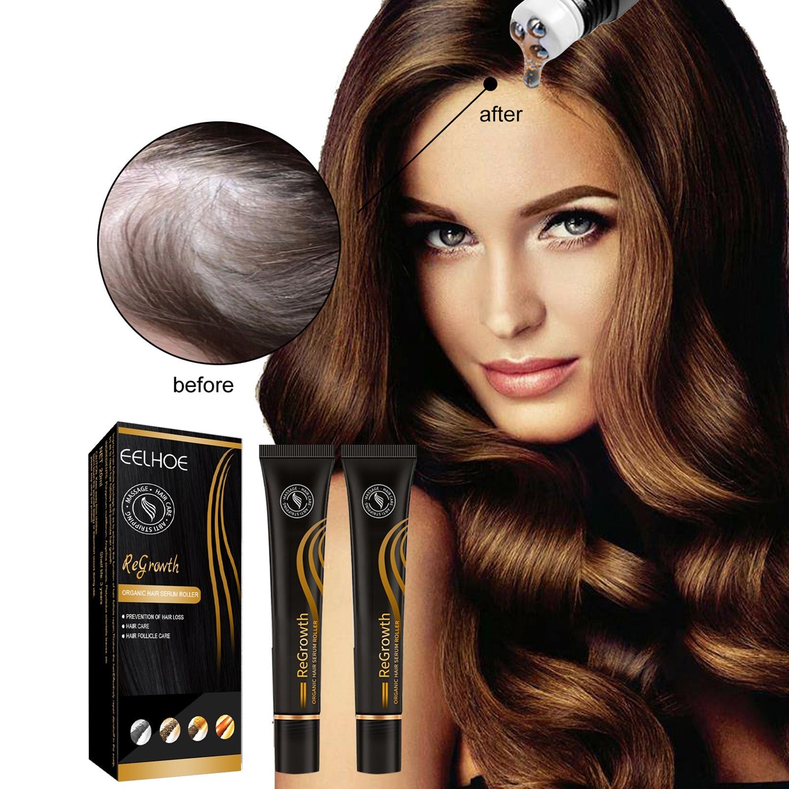 Split-face before/after with scalp massage liquid callout and roller ball technology detail below