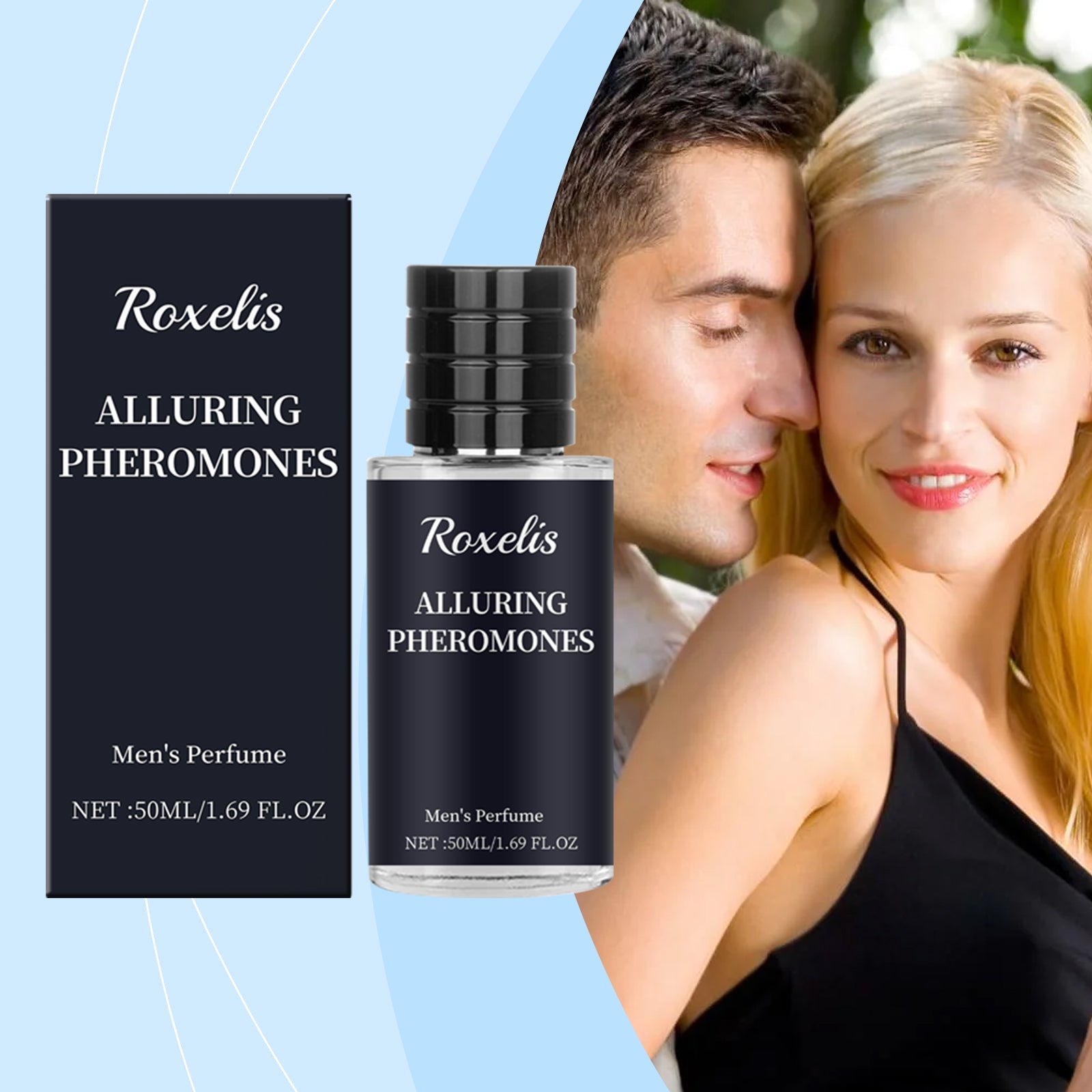 Attractive couple in intimate moment with perfume bottle between them against blue background