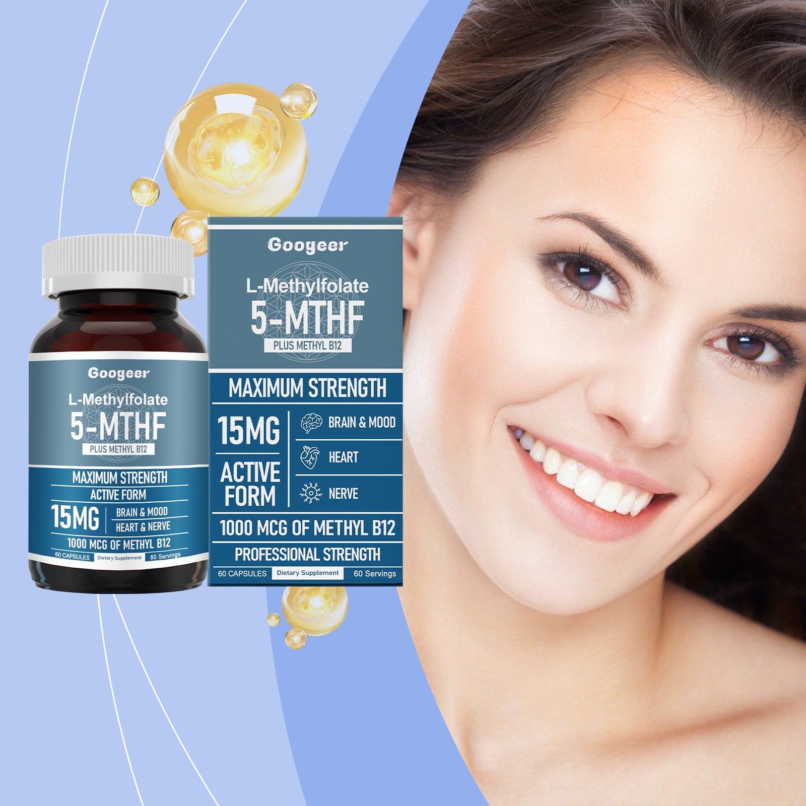 Young woman smiling with glowing skin touching her face against blue background with golden supplement droplets and product bottle