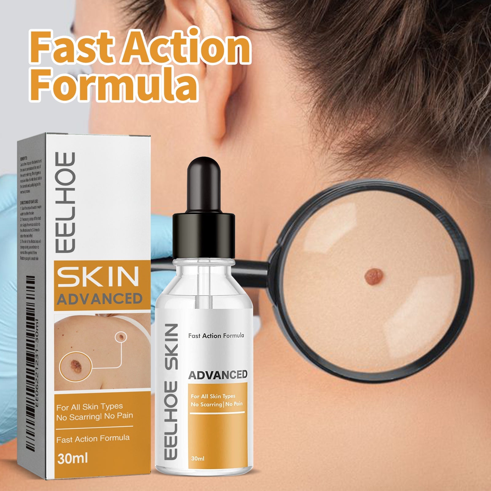 Person's neck area showing magnified view of a skin lesion being treated, with product and packaging visible