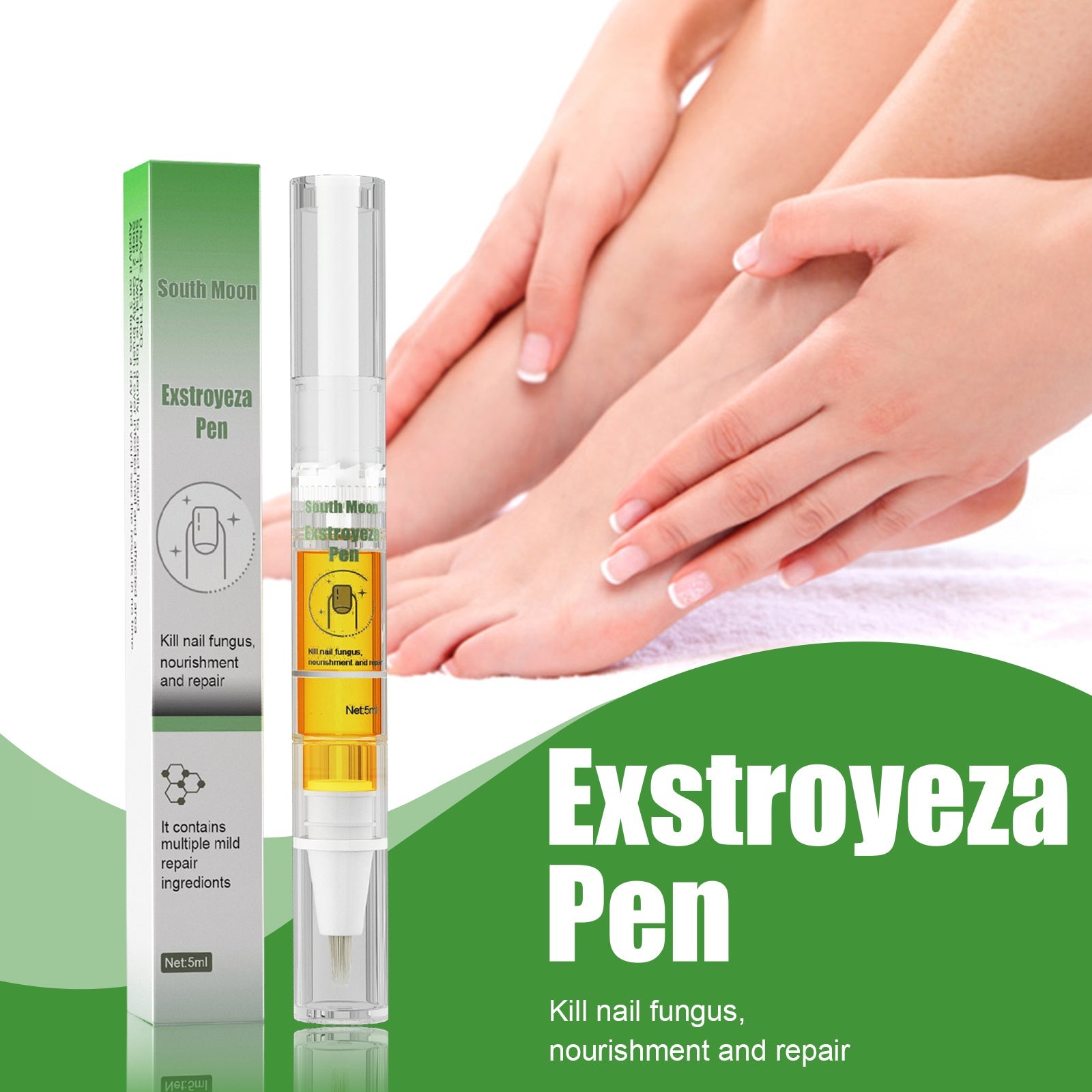 Healthy manicured hands with the treatment pen, green curved design element