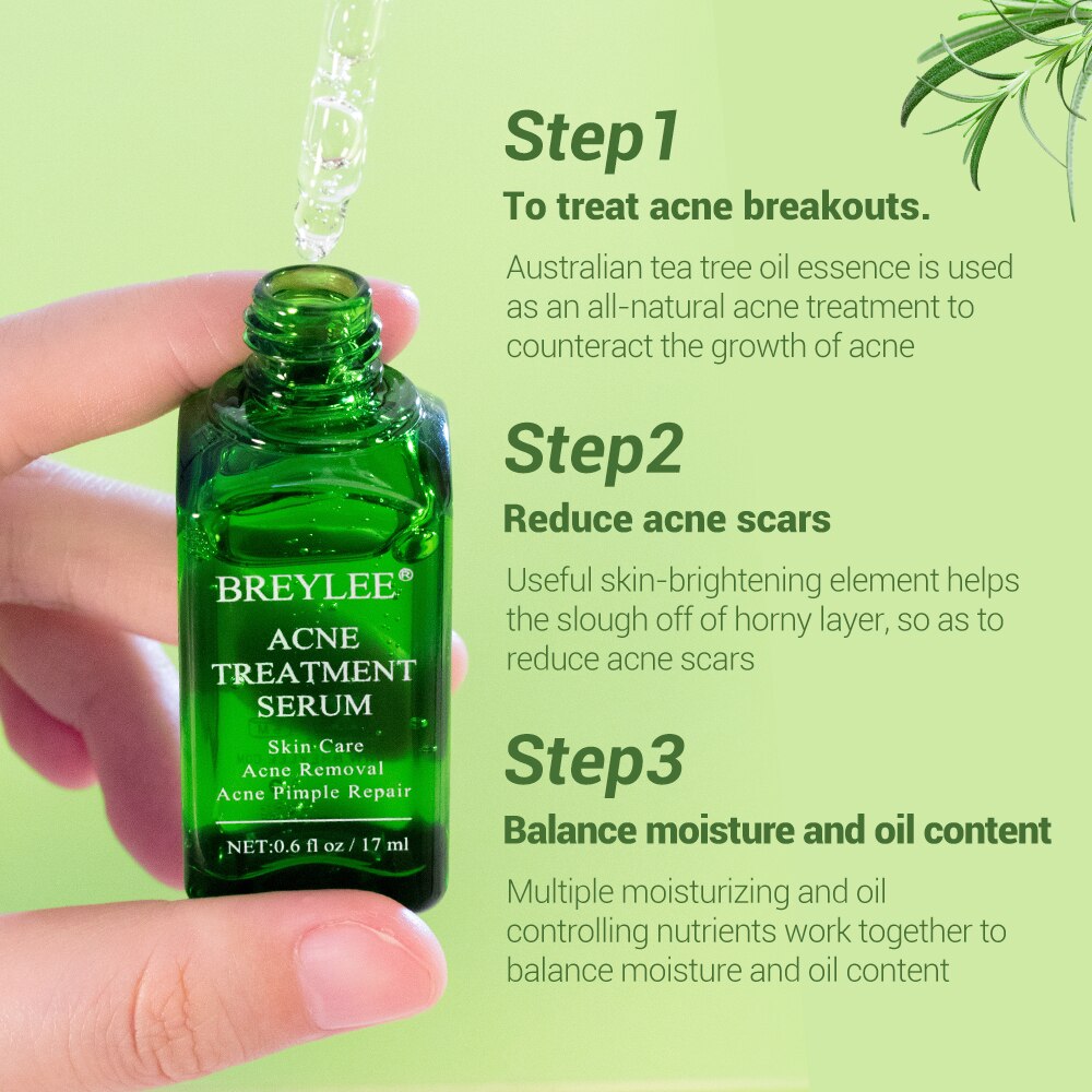 Close-up of dropper applicator with serum being held in hand against soft green botanical background, showing three-step benefit system text