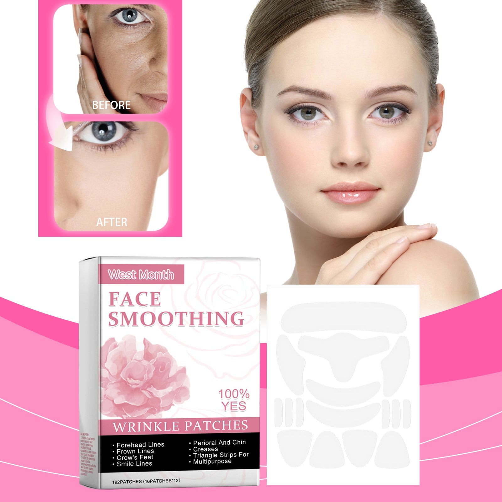 Woman applying and holding facial patches on forehead, crow's feet, and perioral areas with visible patch placement
