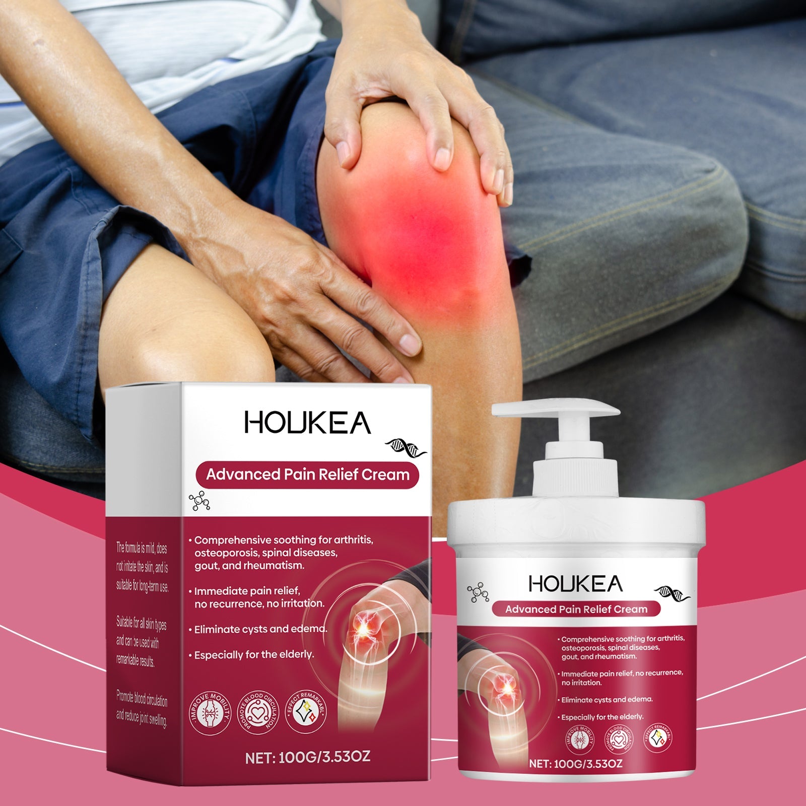 Close-up of elderly hands on knee with text boxes highlighting 'Eliminate Edema' and 'Improve Joint Elasticity' benefits
