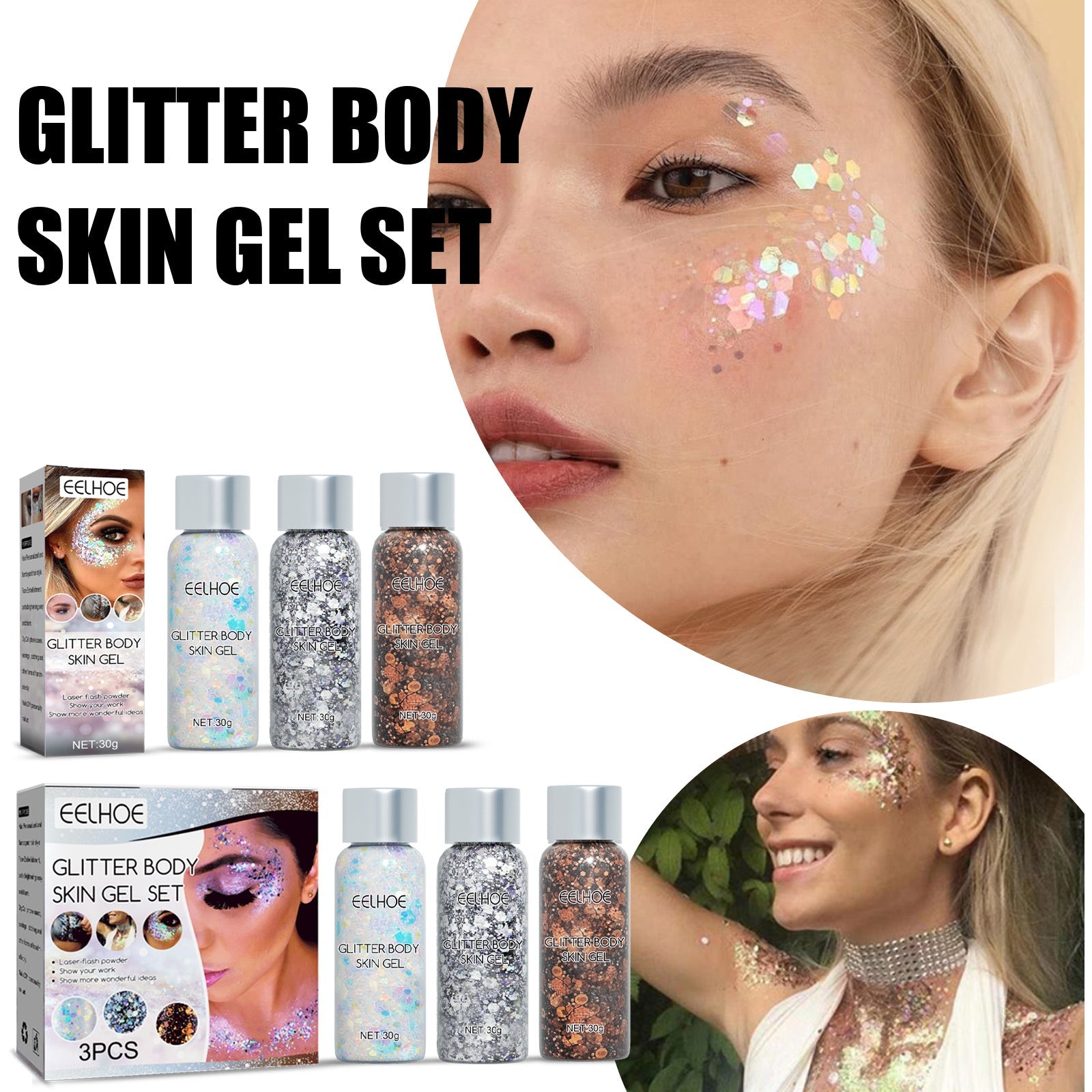 Multiple lifestyle images: close-up of glitter applied to cheekbones and temple, set of three gel variants, lip application, outdoor smiling portrait with chest and collarbone coverage