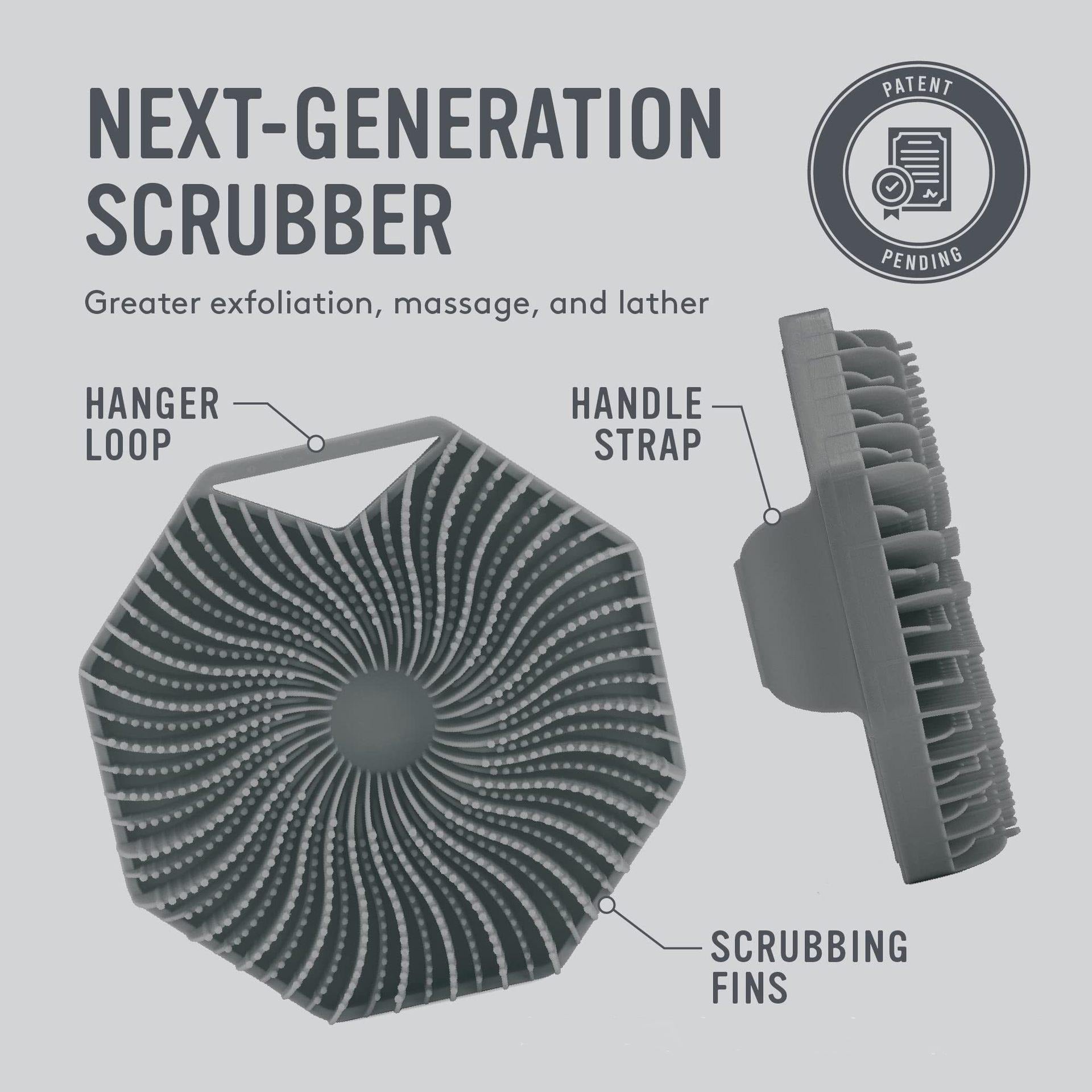 Technical diagram showing next-generation scrubber design with labeled hanger loop, handle strap, and scrubbing fins; patent pending badge