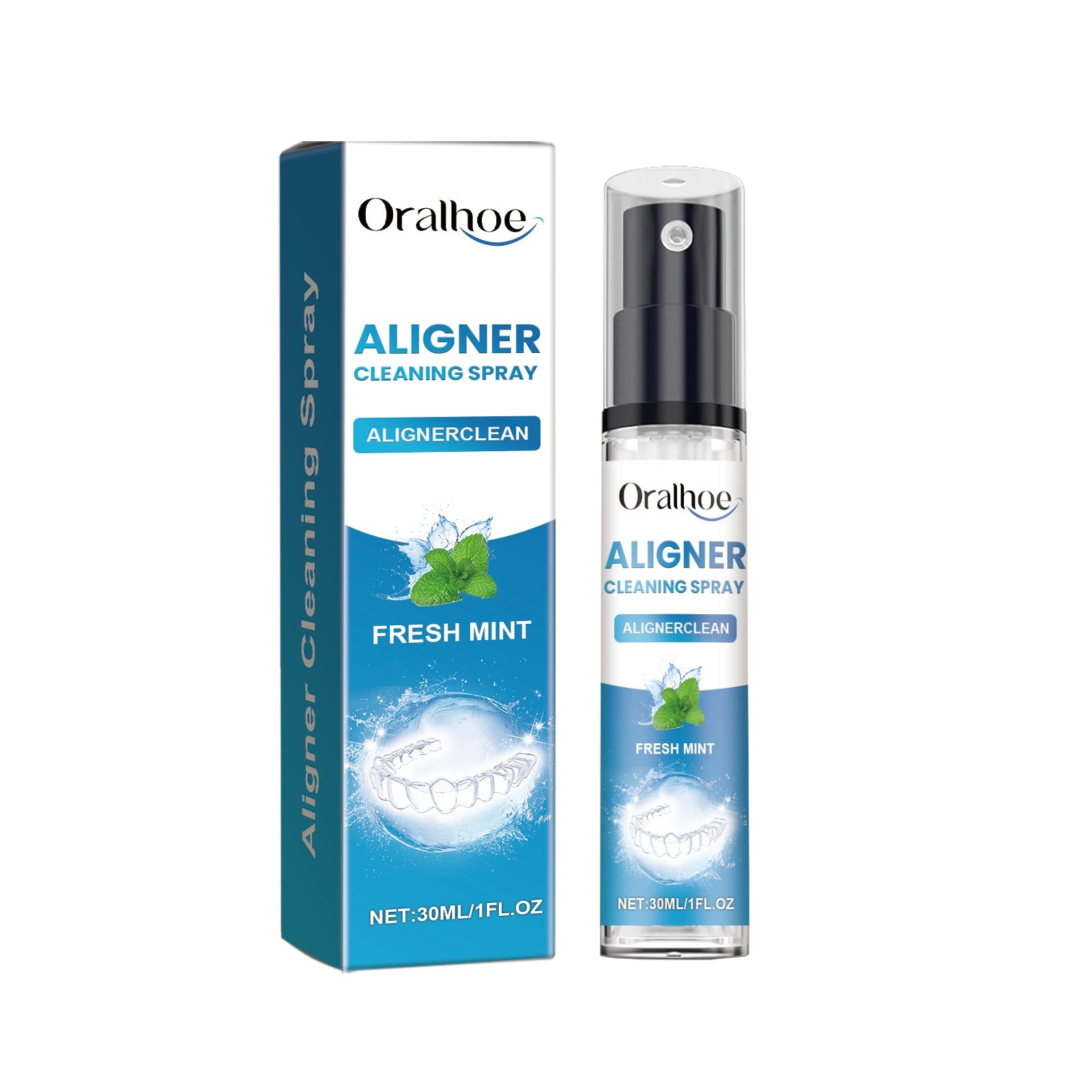Woman with bright smile holding spray bottle near her mouth with aligner visible, product packaging beside her
