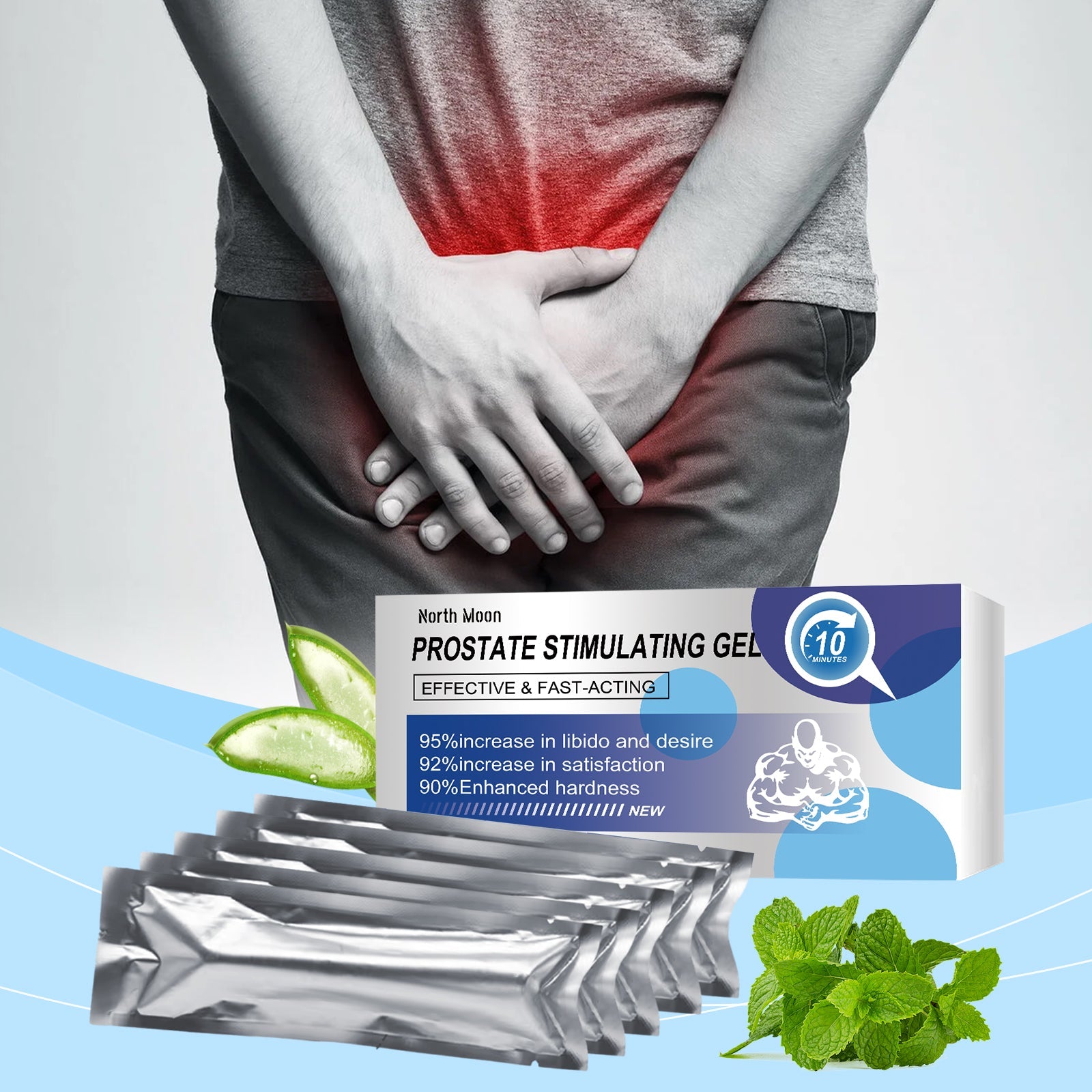 Man experiencing lower abdomen discomfort with pain visualization; package shown with natural ingredients (aloe, mint) displayed