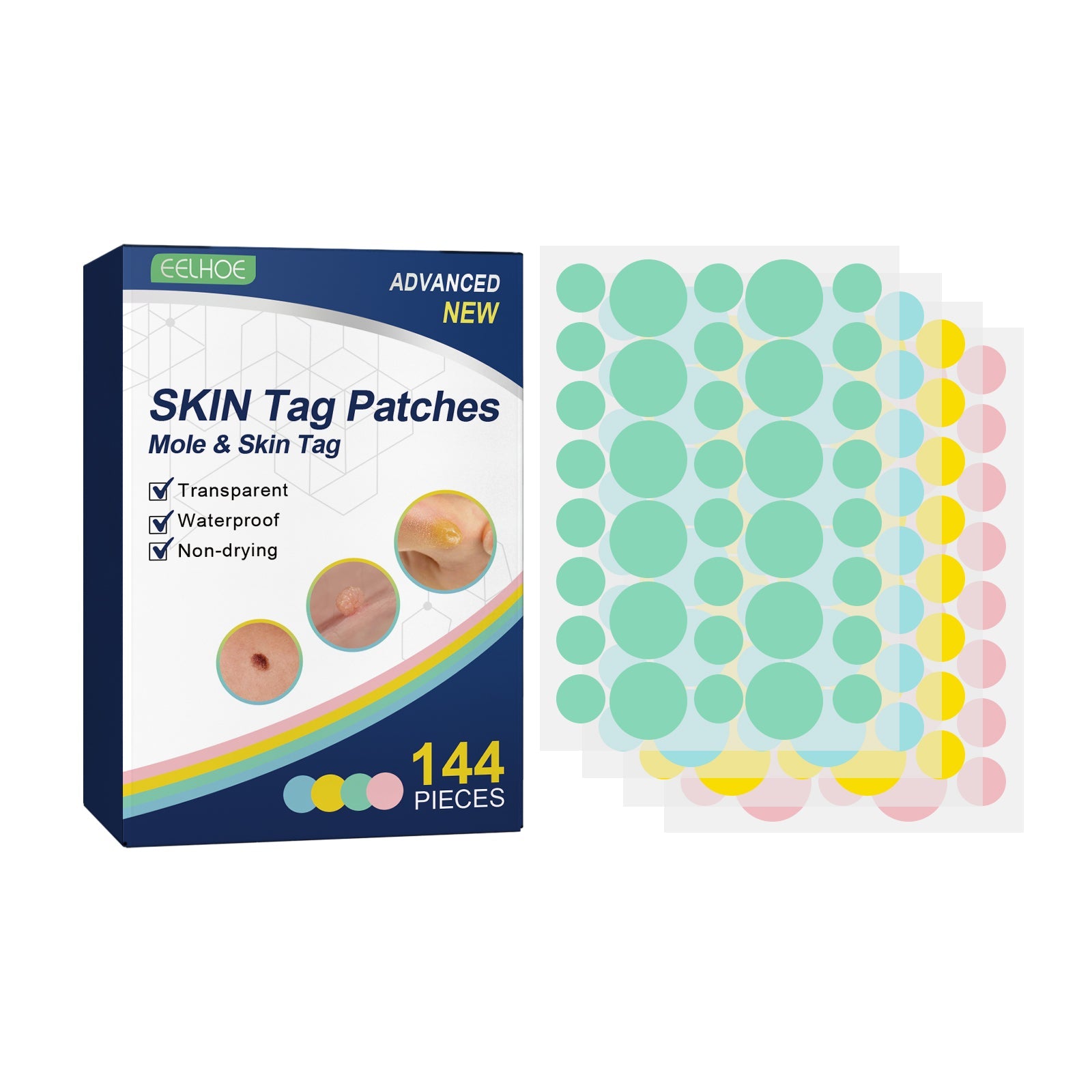EELHOE Advanced Skin Tag Patches box with navy branding, product claims, and sheet of colorful mint, yellow, and pink patches
