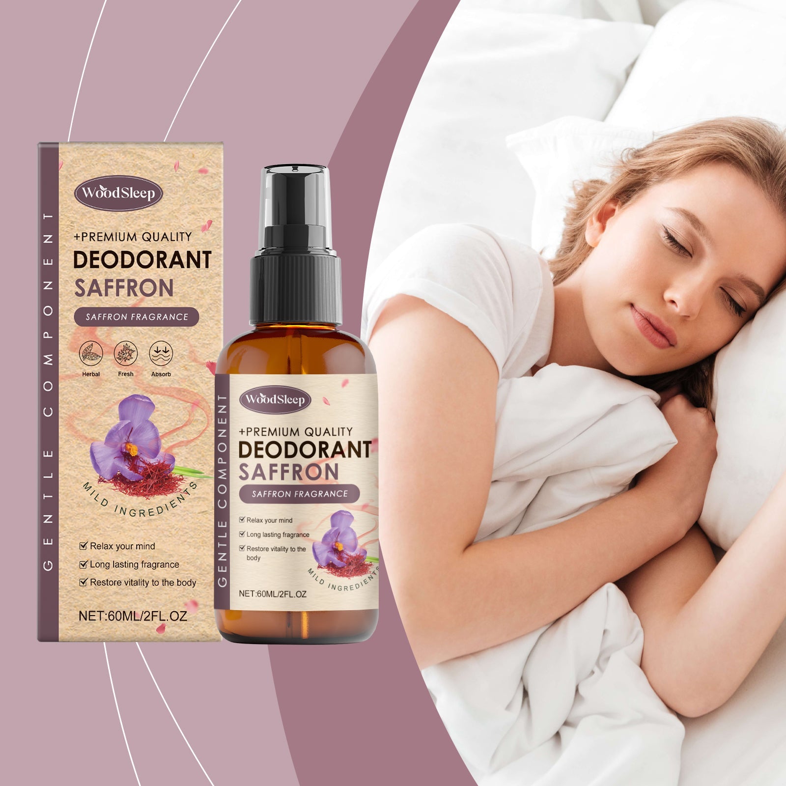 Woman peacefully sleeping in white bedding with deodorant product and packaging on mauve background