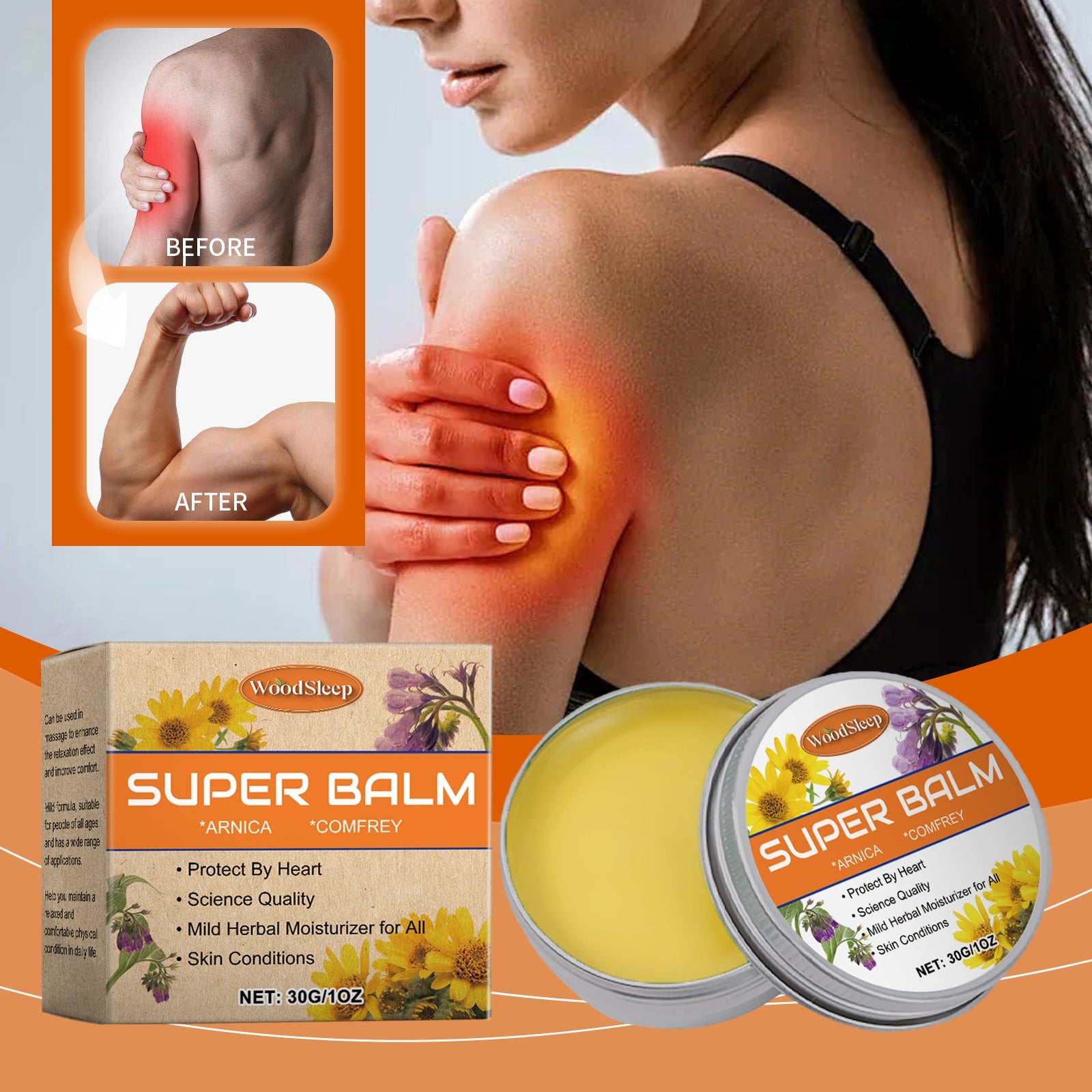 Woman in white sports top touching neck/shoulder with red pain indicators and 'Injury Care' caption explaining bruise and recovery benefits