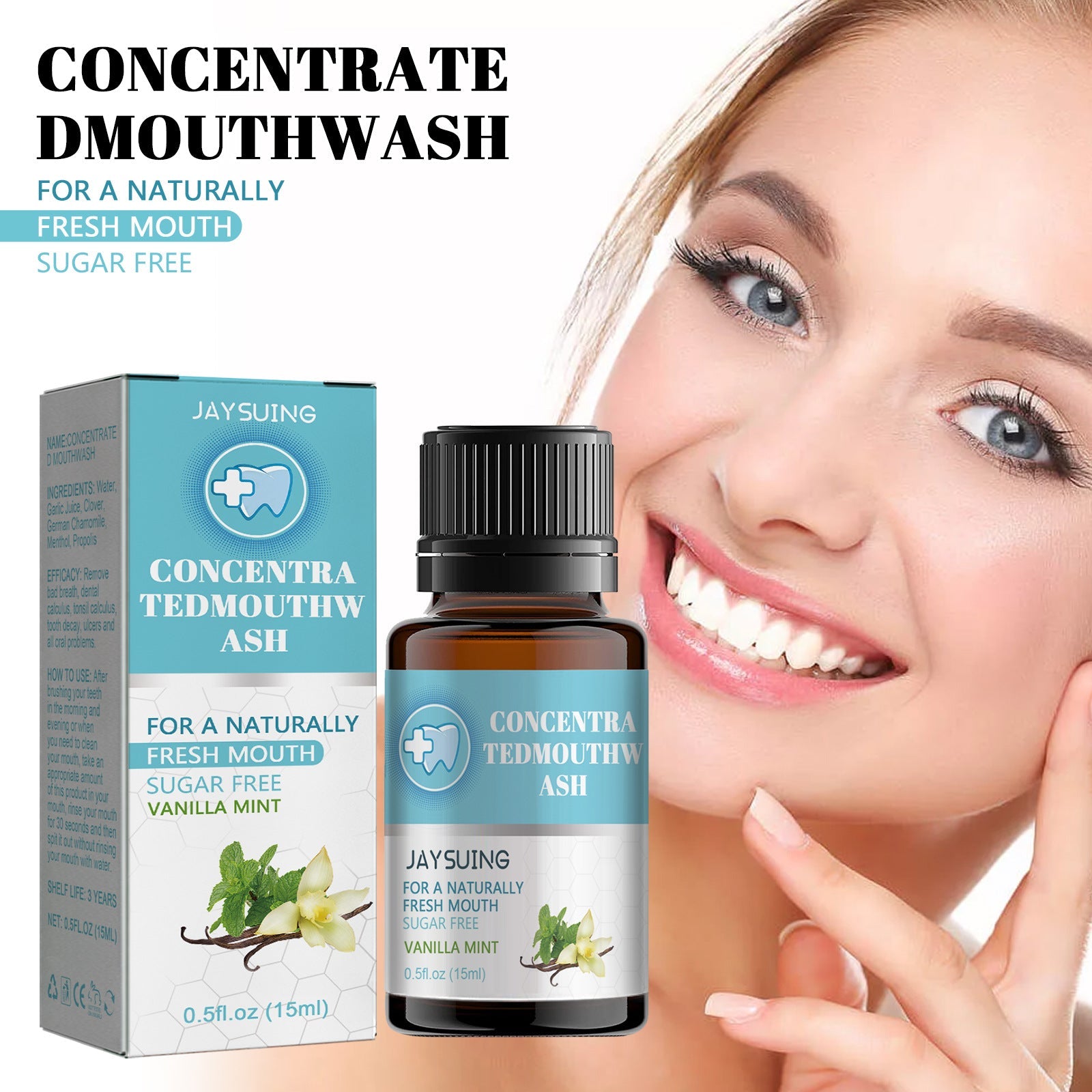 Woman with bright white smile displaying teeth alongside product bottle and packaging