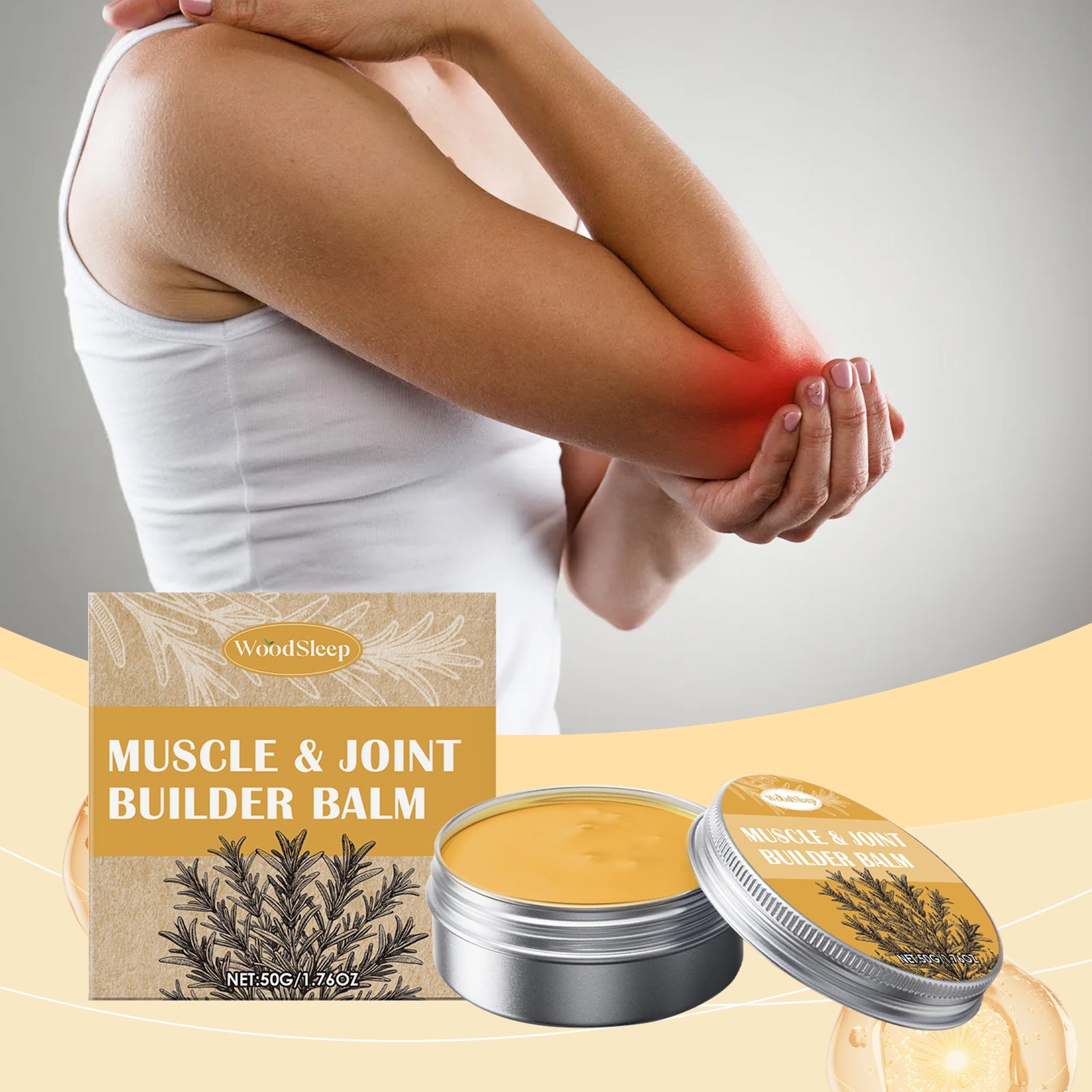 Woman in white tank top holding elbow with visible red inflammation indicator, demonstrating joint pain relief application area