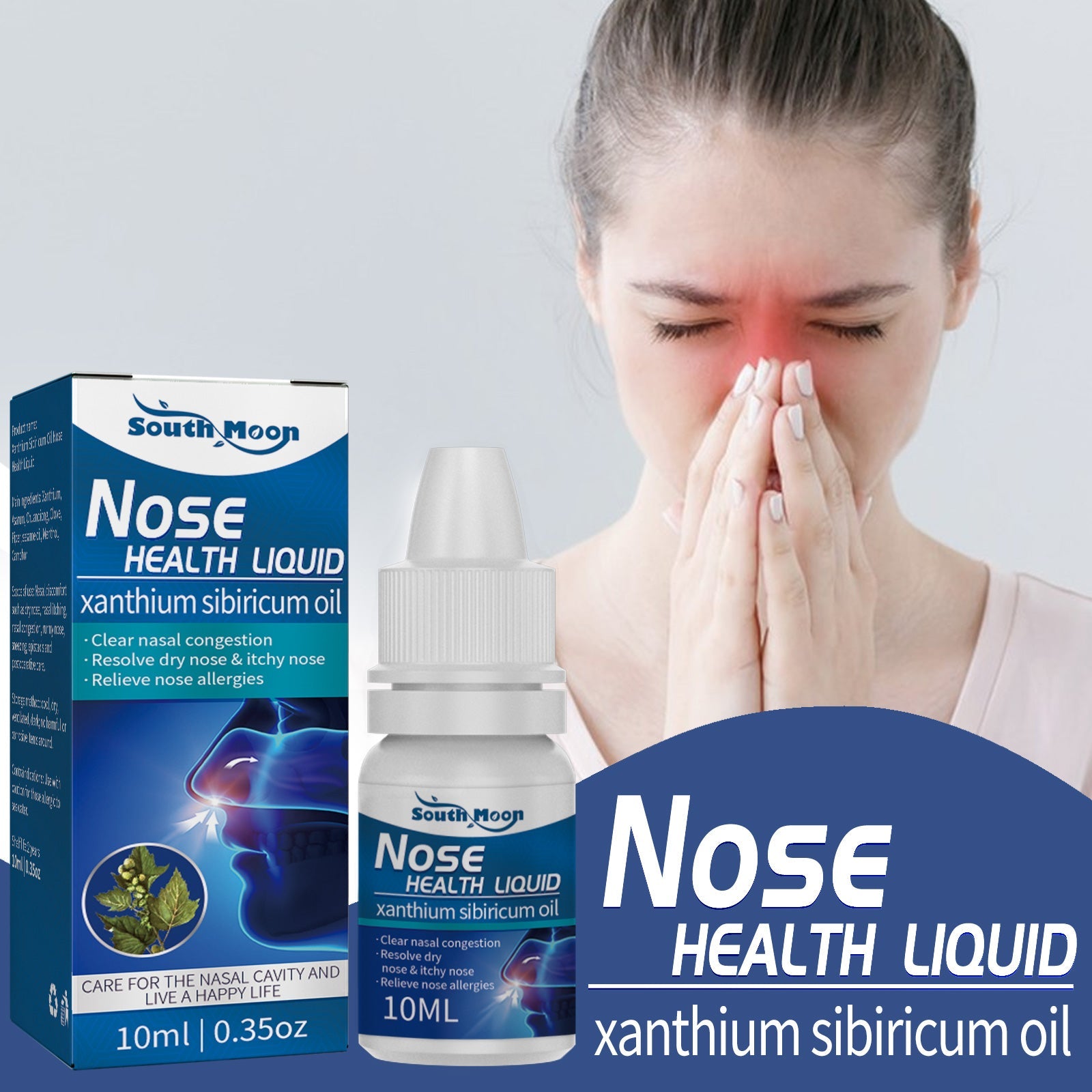 Four-panel grid showing common nasal issues: sneezing, allergy, dry itchy nose, and runny nose with supporting imagery