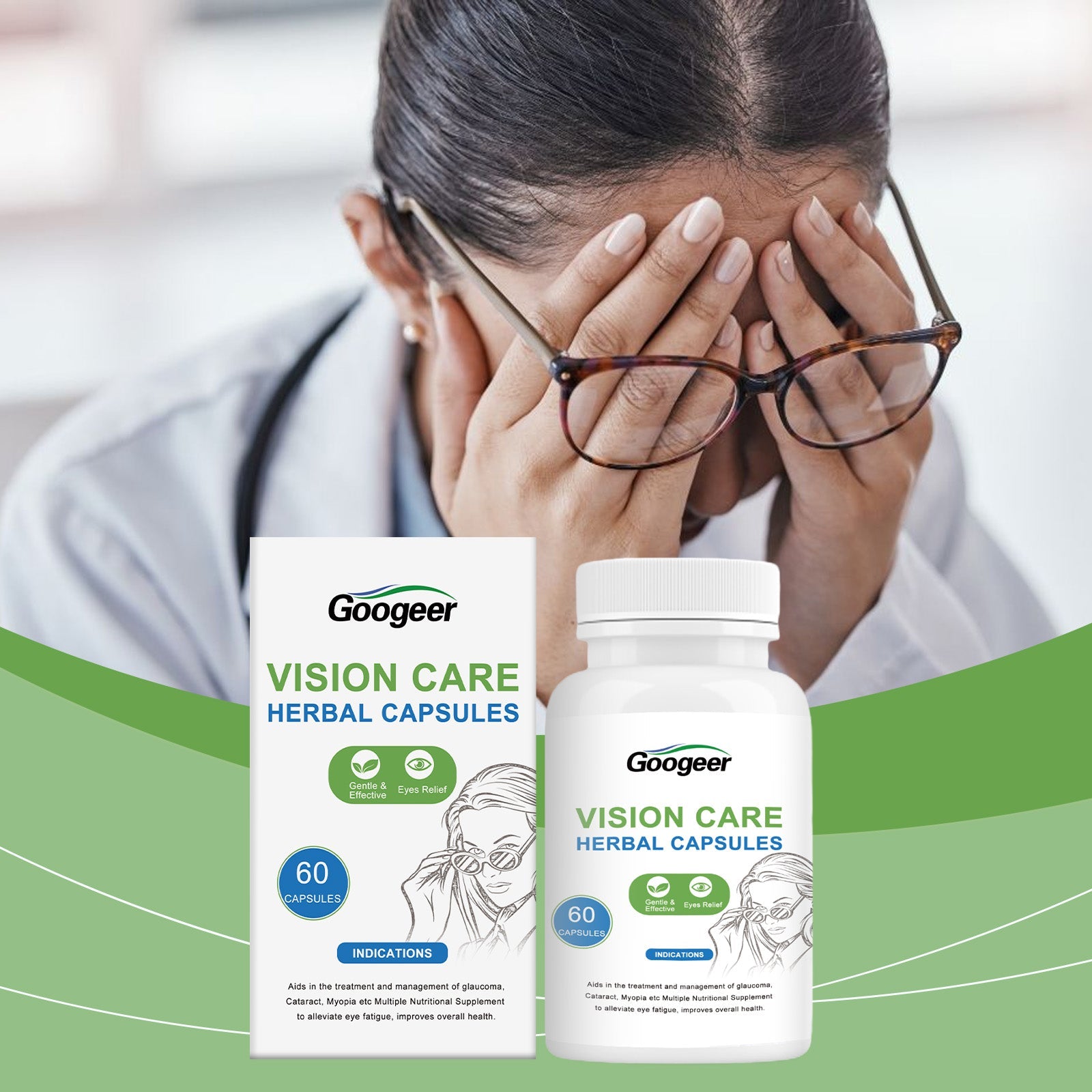 Product packaging showing Googeer Vision Care Herbal Capsules box and white plastic bottle side-by-side